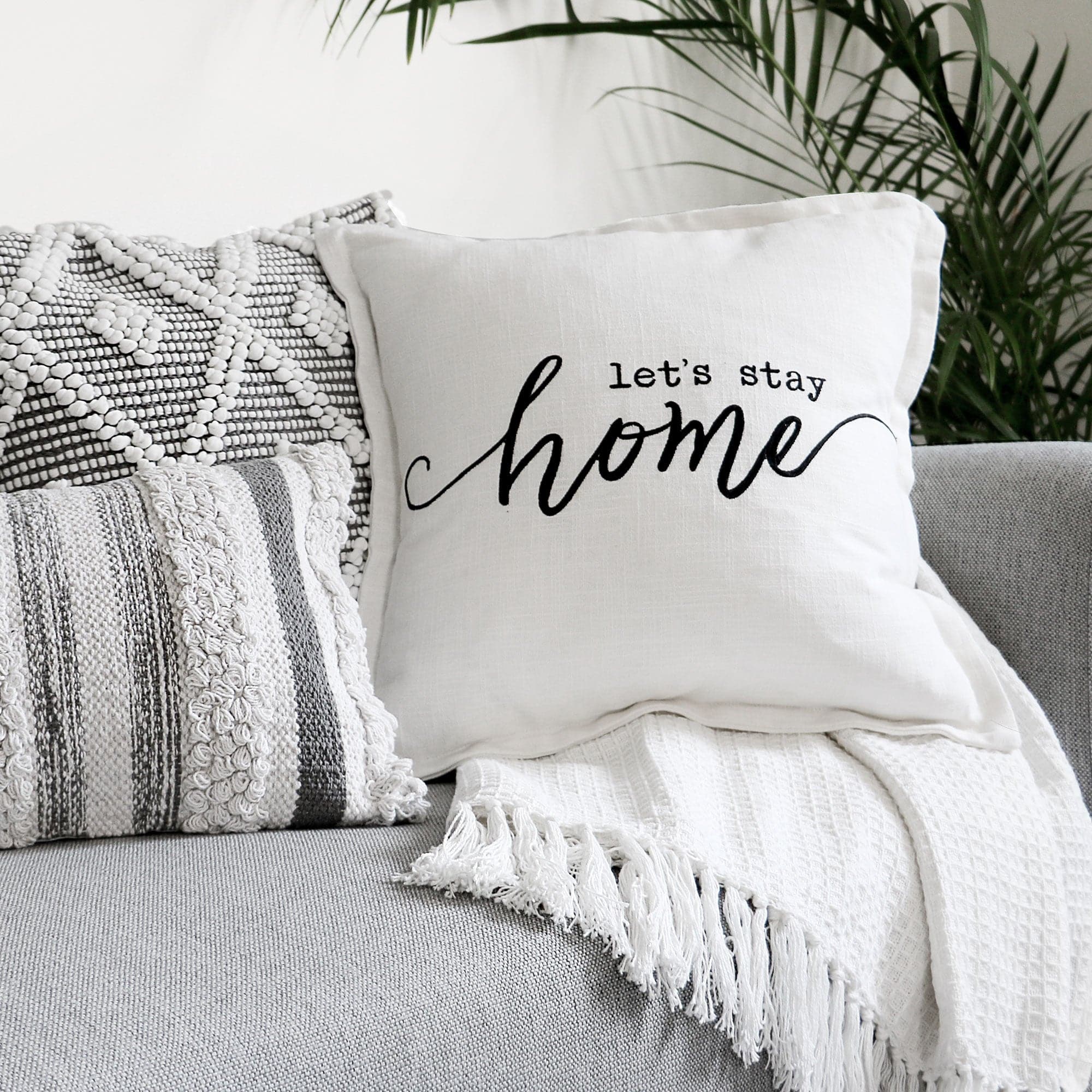 Let's Stay Home Script Decorative Pillow Cover - Cozy Farmhouse Style Cushion Case for Sofa, Bed & Nursery - Perfect for Home Decor, Gift Giving and Relaxation