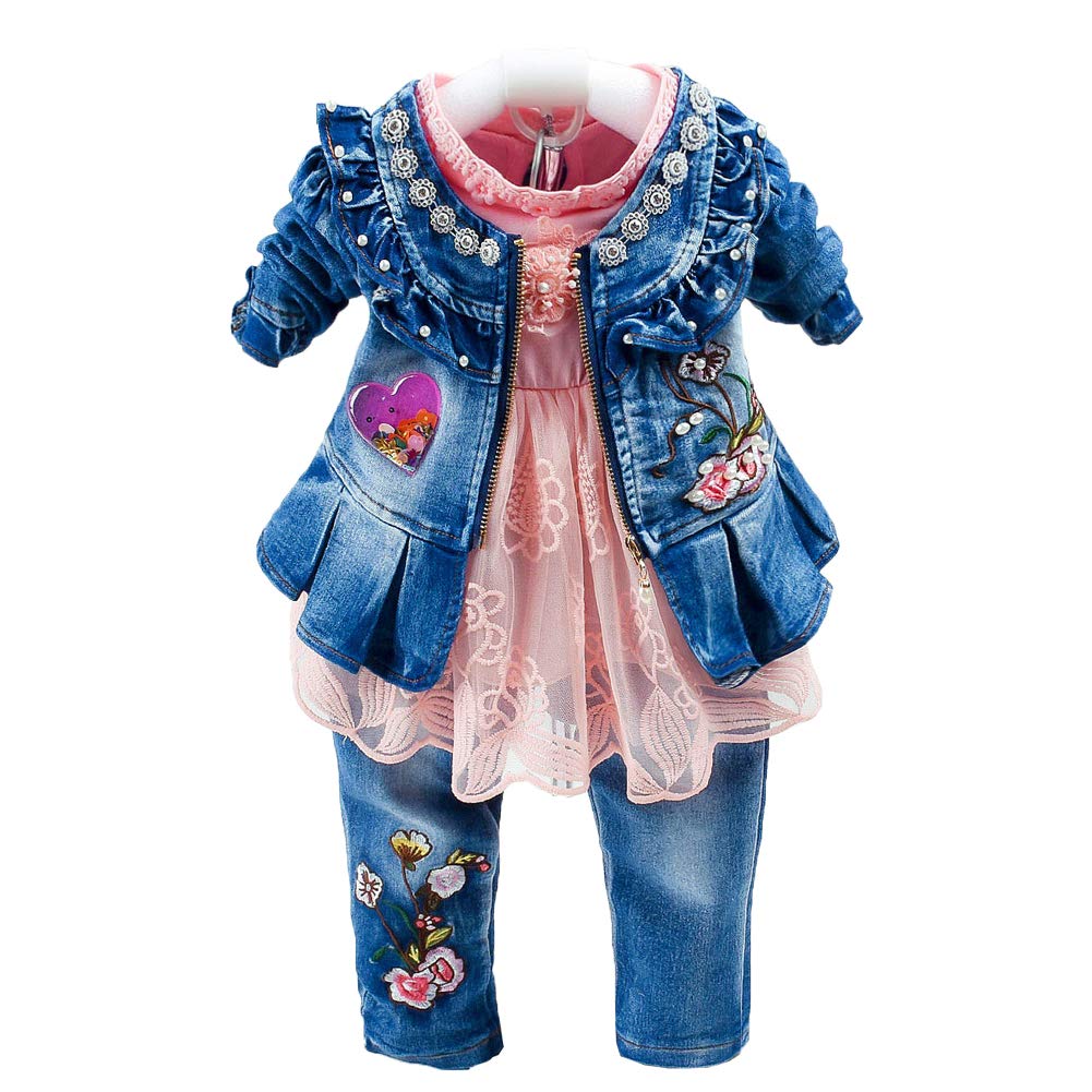 Peacolate 3-Piece Baby Girls Outfit Set - Long Sleeve T-Shirt, Denim Jacket & Jeans for Spring & Autumn | Cute Toddler Clothes for Playdates, Daycare & Family Photos