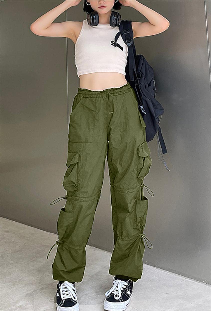 QYANGG Women's Baggy Parachute Pants with Drawstring Waist - Y2K Cargo Joggers with Multiple Pockets & Elastic Cuffs | Streetwear, Hip Hop Fashion, Casual Outfits