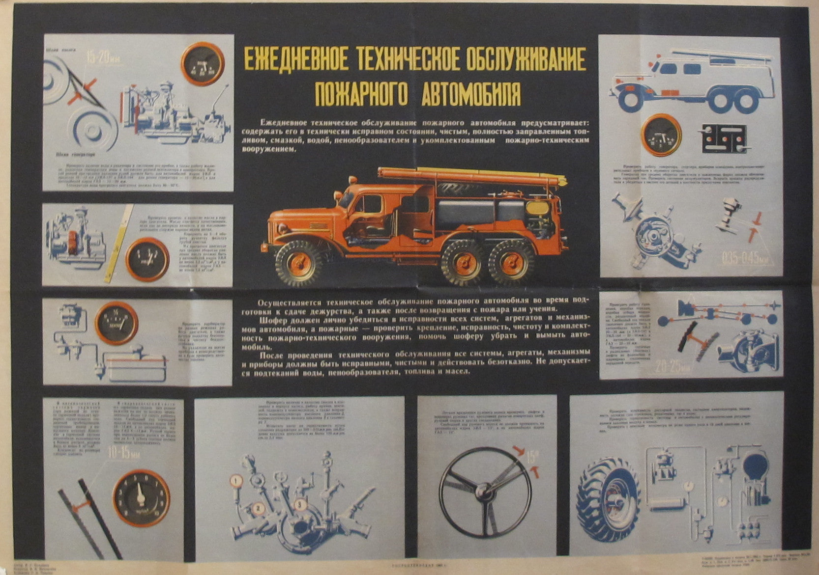 1963 Original Vintage Russian Fire Truck Maintenance Poster - Soviet Era Firefighting Equipment Repair Guide for Collectors & History Enthusiasts