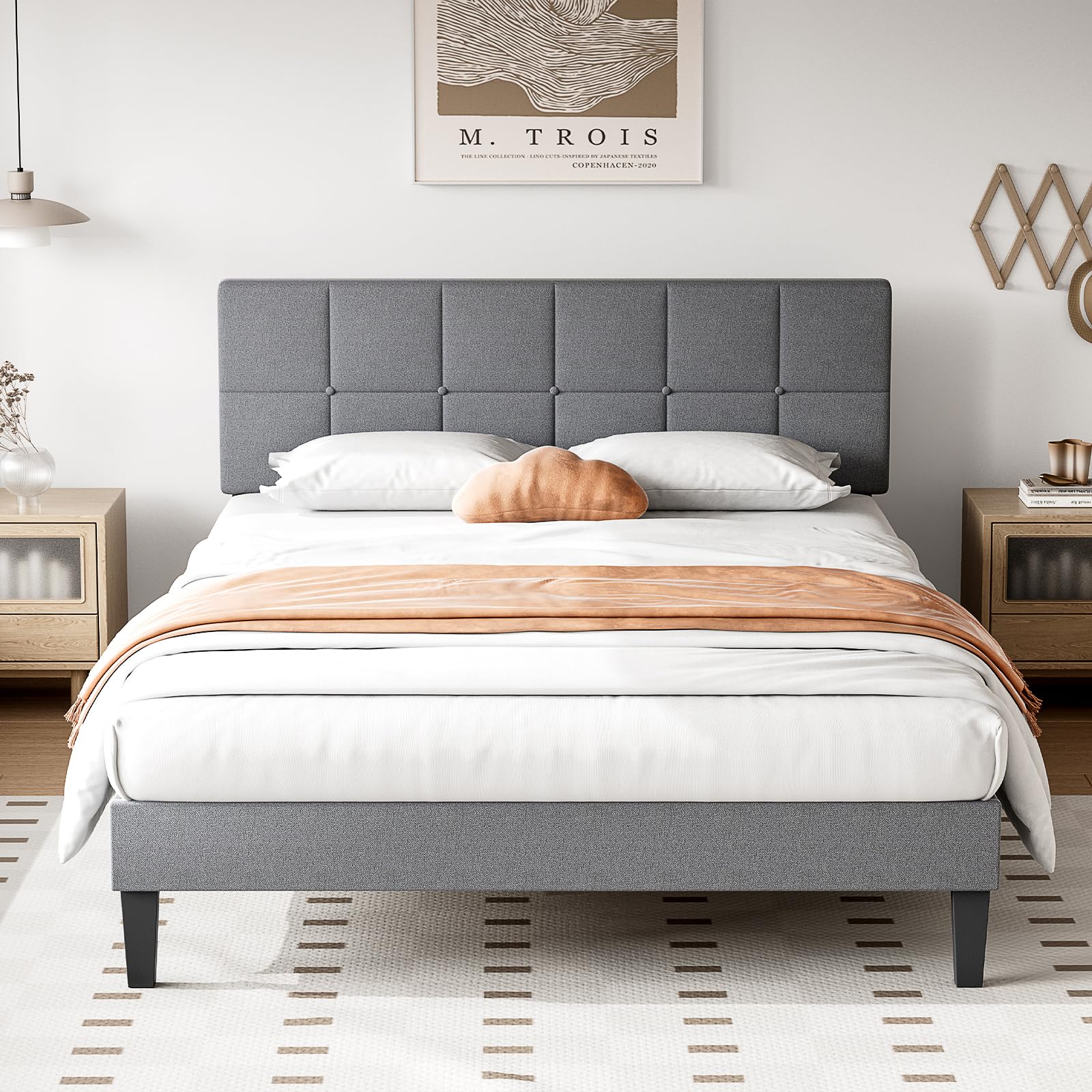 Sweetcrispy Full Size Platform Bed Frame with Upholstered Headboard - No Box Spring Needed, Sturdy Wood Slat Support, Noise-Free Design for Quiet Sleep - Soft Grey Linen Fabric - Perfect for Master Bedroom, Guest Room or Small Space