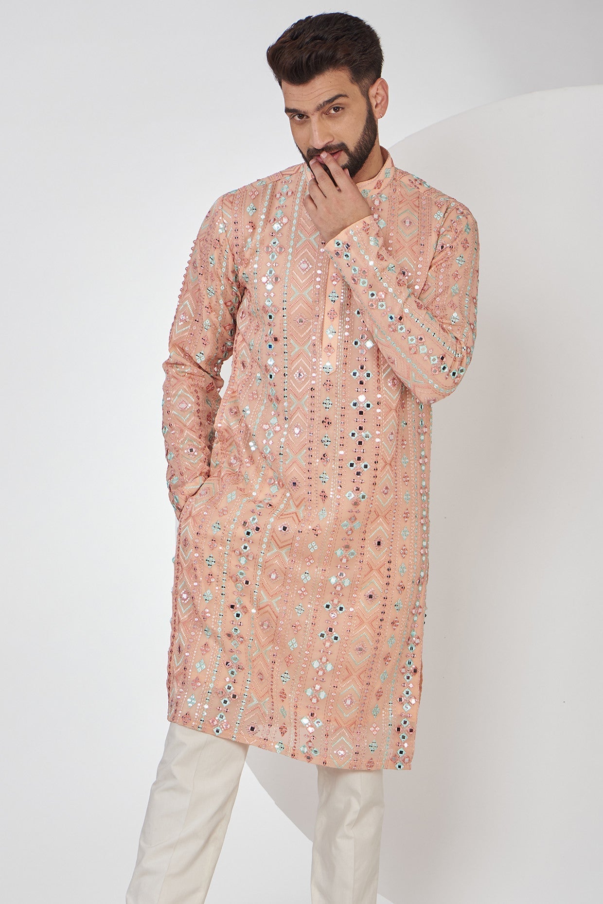Stylish Peach Mirrorwork Kurta for Women - Traditional Indian Embroidered Tunic Top - Perfect for Festivals, Weddings & Casual Wear