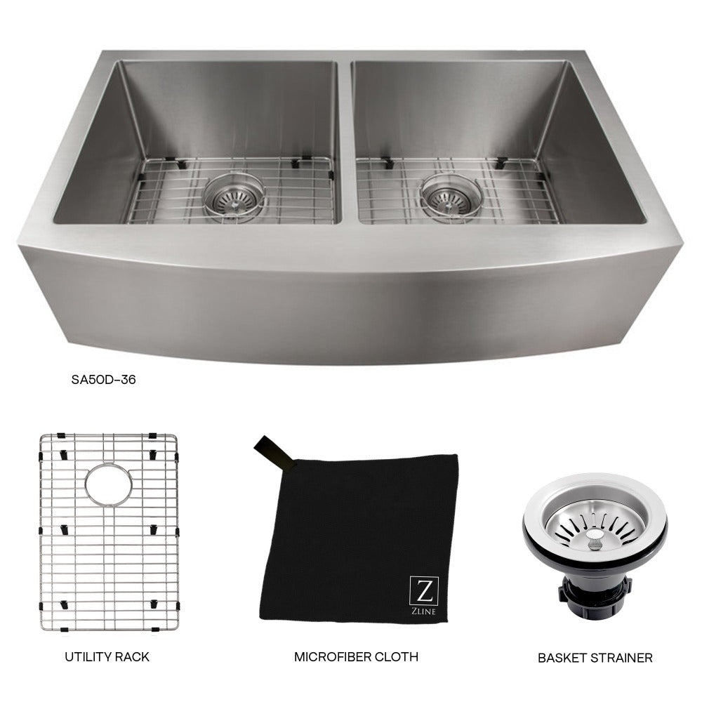 ZLINE Niseko 36-inch Farmhouse Apron Front Double Bowl Stainless Steel Kitchen Sink with Bottom Grid (SA50D 36) - Perfect for Modern Farmhouse Kitchens & Heavy-Duty Food Prep