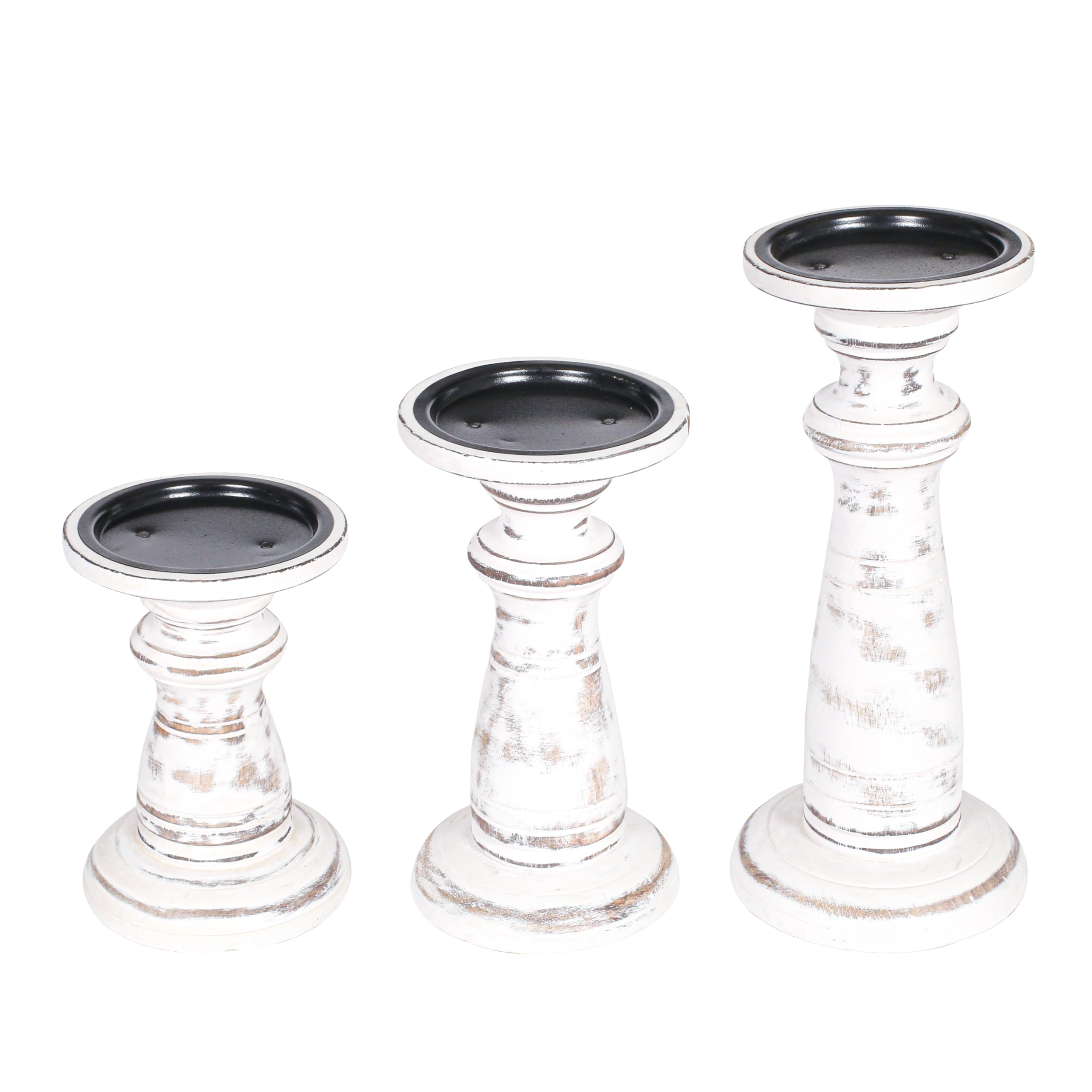 Handmade Wooden Pillar Candle Holders Set of 3 (10, 8, 6 Inch) - Antique White Decorative Candle Stand for LED, Pillar, Votive Candles - Perfect for Weddings, Christmas, Parties, Home Decor, Reiki, Aromatherapy & Garden Use