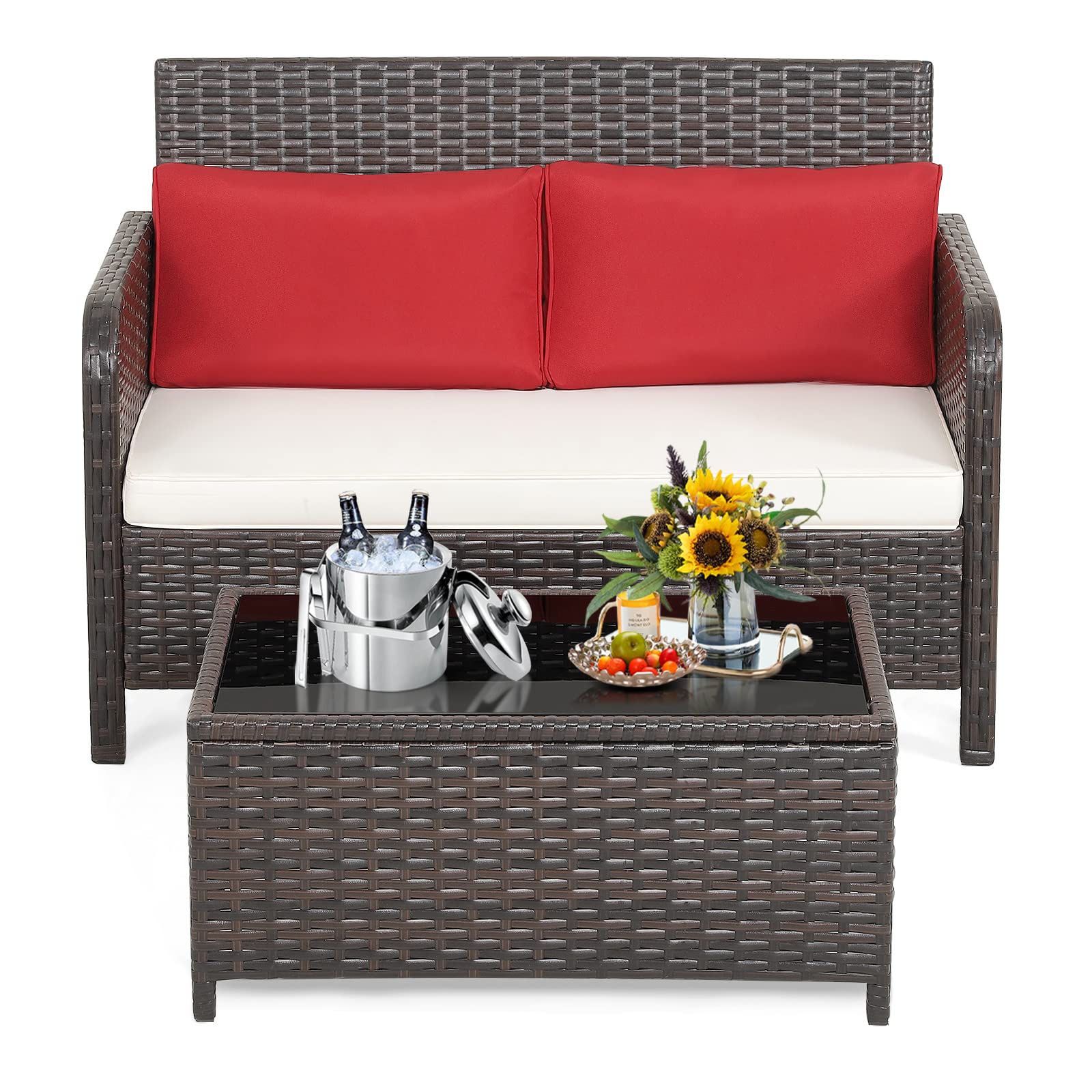 RELAX4LIFE 2-Piece Wicker Outdoor Loveseat Set with Glass-Top Coffee Table & Cushions - Rattan Patio Conversation Sofa for Balcony, Porch, Garden - Perfect for Relaxing, Entertaining & Outdoor Dining