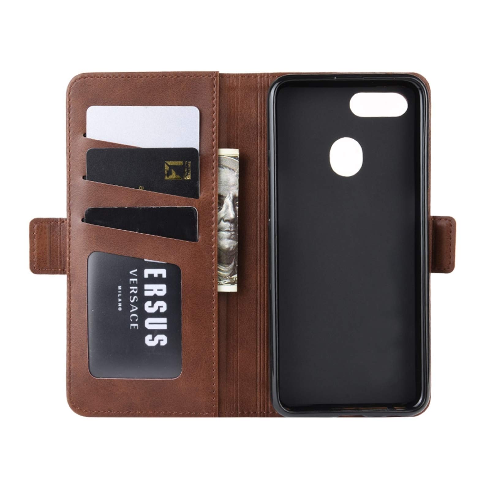 Oppo A7 / AX7 Leather Phone Case with Card Holder & Wallet Function - Double Buckle Business Holster Cover (Brown) | Perfect for Work, Travel & Daily Use