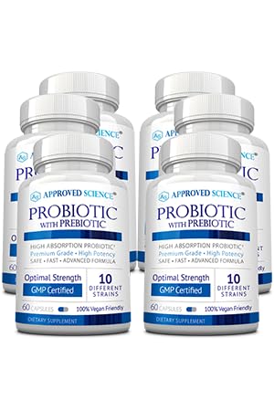 Approved Science Probiotic with Prebiotic - 10 Strains, 25 Billion CFU - 6 Bottles - Vegan Formula for Gut Health & Digestion Support - Ideal for Daily Wellness, Travel & Post-Antibiotic Recovery
