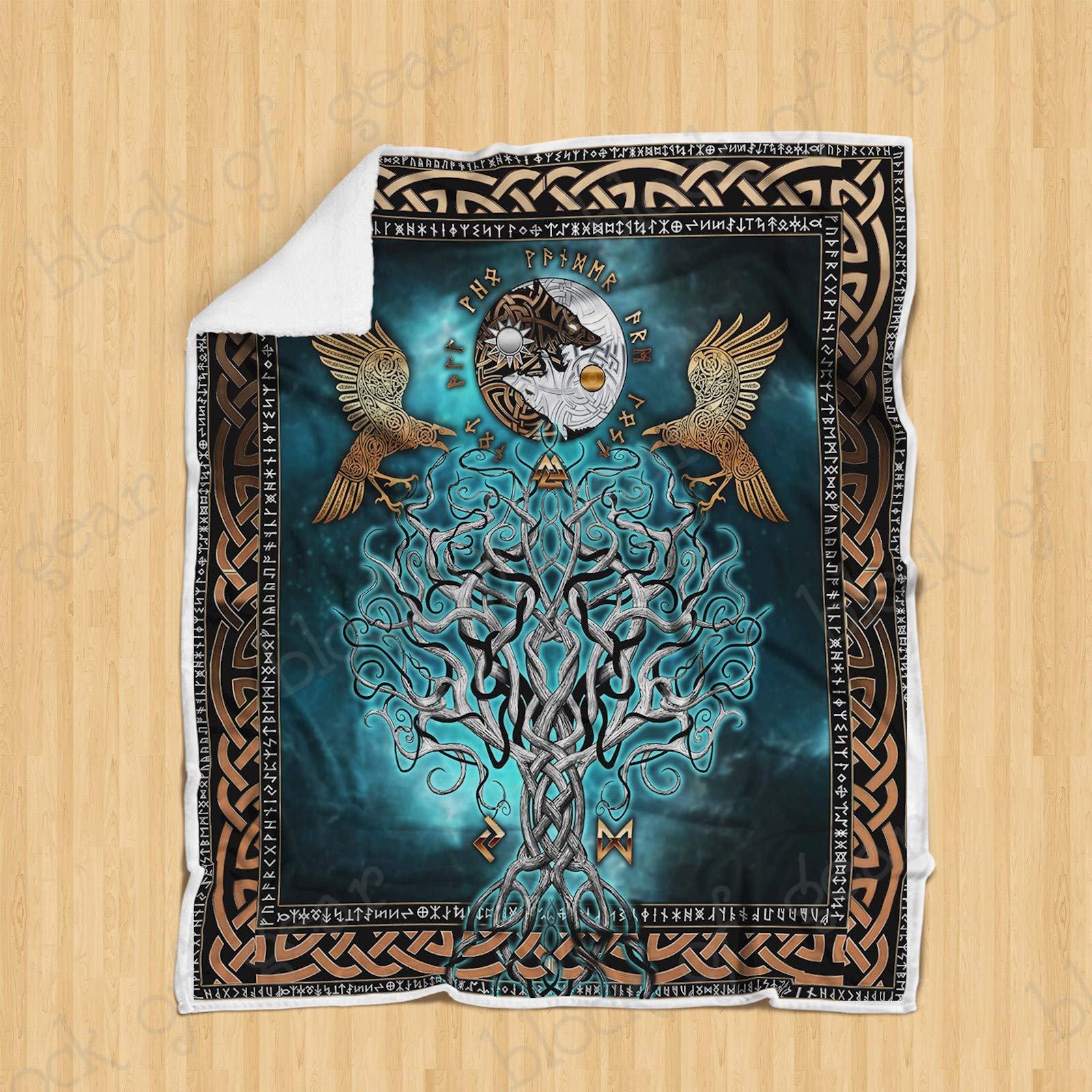 GEEMBI Viking Compass Yggdrasil Reversible Sherpa Fleece Throw Blanket - Soft Warm Adult Sofa Blanket with Norse Mythology Design - Cozy Bedding for Couch, Bed, Camping & Gift Giving