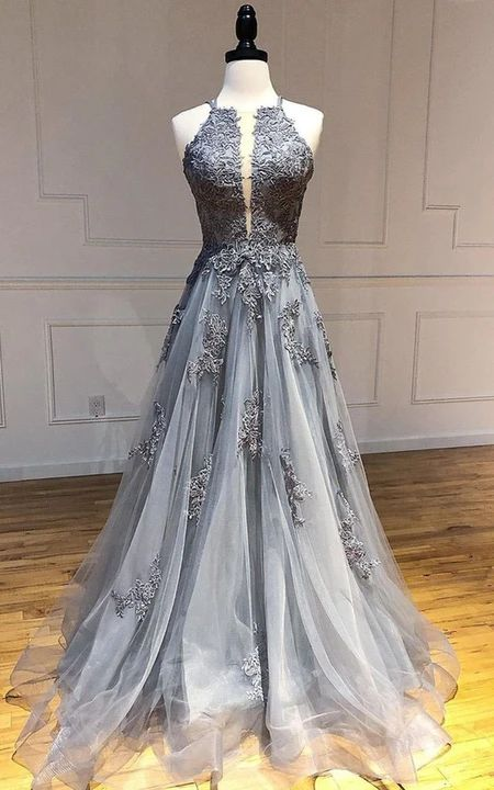 Elegant A-Line Lace Tulle Long Prom Dress with Backless Design - Perfect for Weddings, Evening Gala & Formal Events | Style J4461