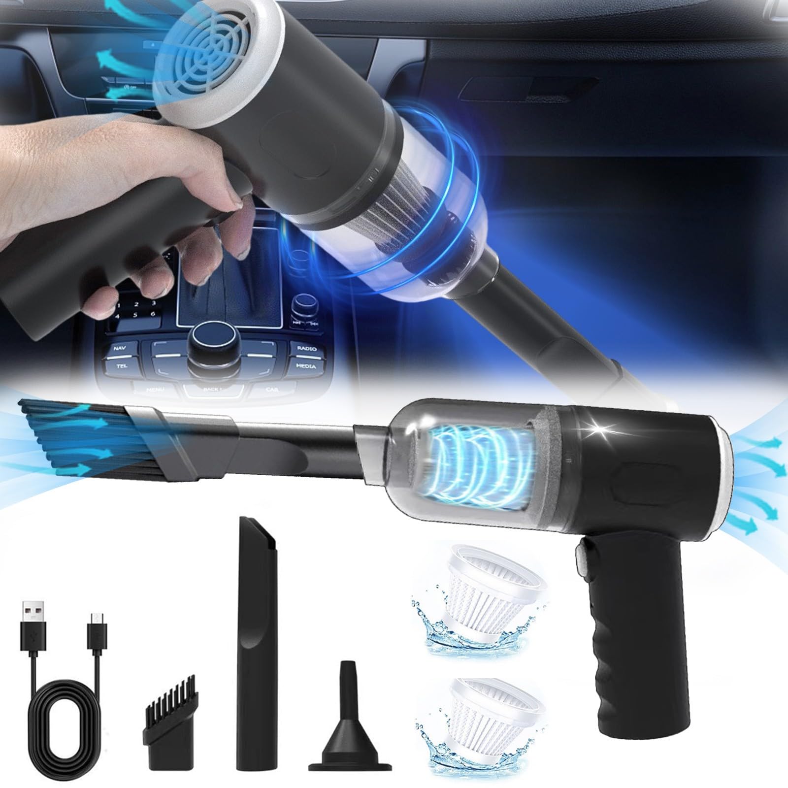 Amketima 3000PA Strong Suction Handheld Cordless Vacuum Cleaner - 2 in 1 Portable Car & Home Vacuum with Blower Function, Ultra Quiet for Pet Hair, Dust, Crumbs - Perfect for Car Seats, Sofas, Stairs & Hard-to-Reach Areas (Black)