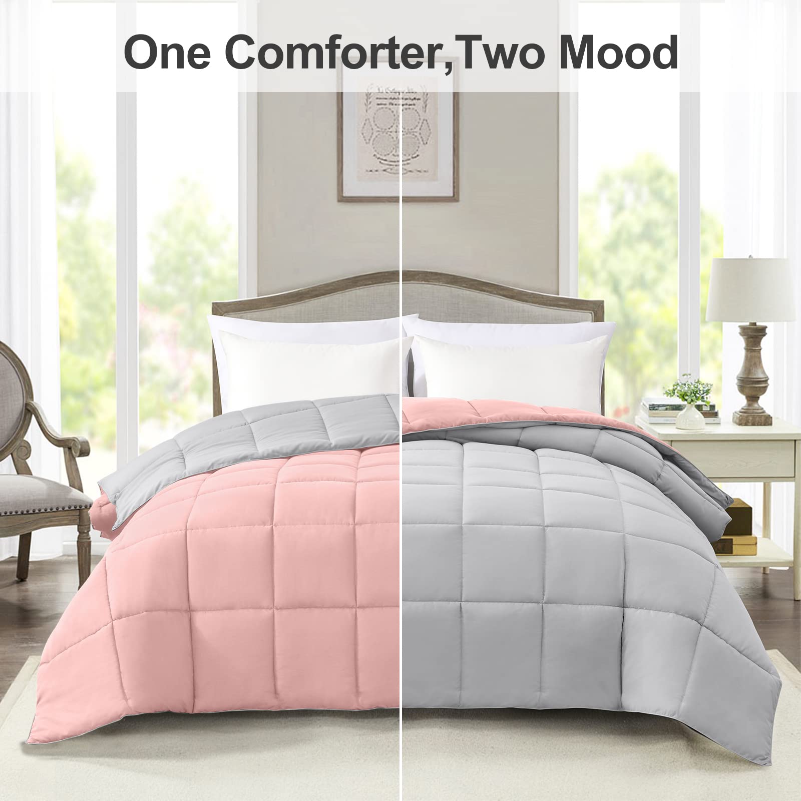 Homelike Moment Twin Comforter Duvet Insert - Pink Down Alternative Bedding, Lightweight All-Season Reversible Comforter (Pink/Grey) for Kids, Teens & Guest Rooms - Soft Quilted Design for Ultimate Comfort