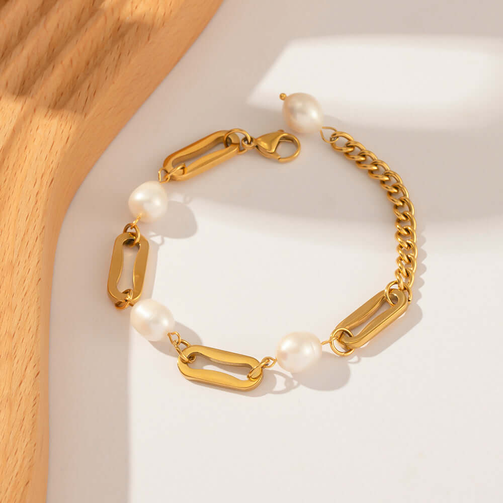 Chunky Pearl Rectangle Chain Link Bracelet for Women - Elegant Fashion Jewelry Gift for Birthday, Anniversary & Party | JDB069