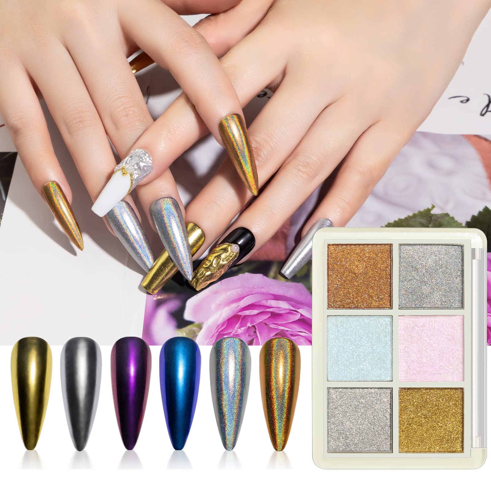 MIZHSE Pearl Chrome Nail Powder - 6 in 1 Iridescent Mermaid Glitter, Holographic Pigment for Nail Art (Aurora Gold, Silver Mirror Powder) | Perfect for Salon, DIY Manicures & Special Occasion Nail Designs