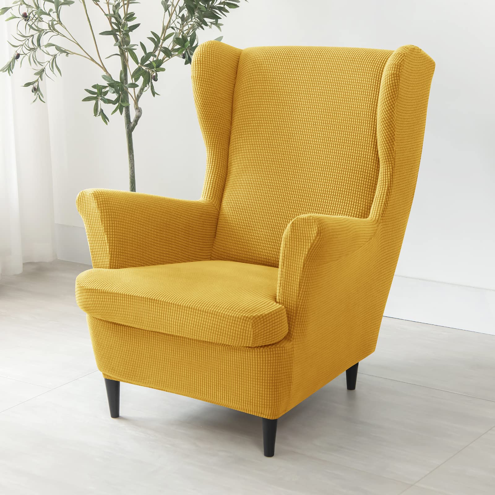 Stretch Wing Chair Slipcover 2-Piece Set - Plaid Wingback Chair Cover with Spandex & Non-Slip Design for Living Room Furniture - Yellow - Perfect for Home Decor, Sofa Protection & Easy Cleaning