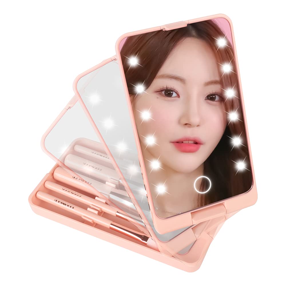 Mini Makeup Brushes Travel Set - Portable Capsule Brushes with LED Mirror, Multifunctional Eyebrow Brush, Eyeshadow & Blush Brush for On-the-Go Makeup | Perfect for Travel, Gym & Touch-Ups