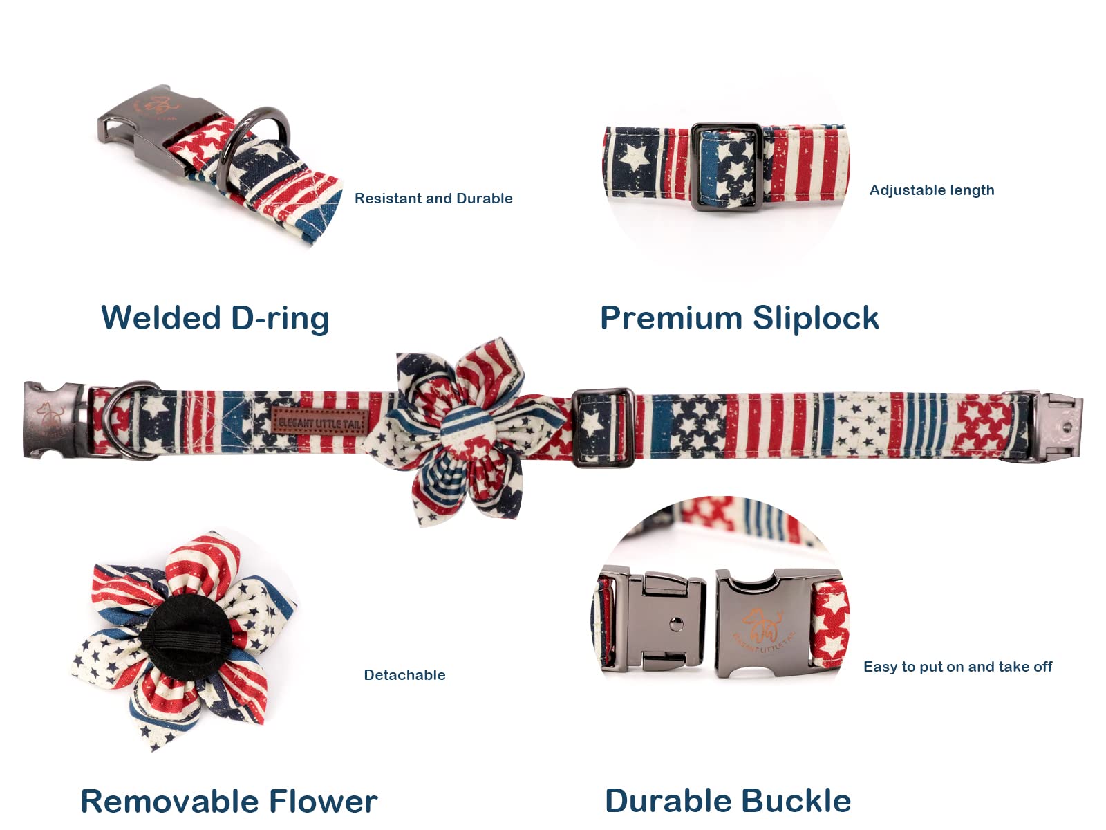 Stylish American Flag Dog Collar with Detachable Flower - Adjustable Pet Collar for Large Dogs | Perfect for Patriotic Events, Outdoor Walks & Gift Giving