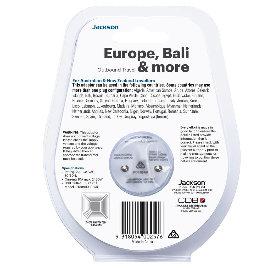 Jackson Outbound Slim USB A & C Travel Adapter - Dual Port Fast Charging for iPhone, Android, Laptop - AUS to EU Plug Converter for Europe Travel, Hotels, Business Trips