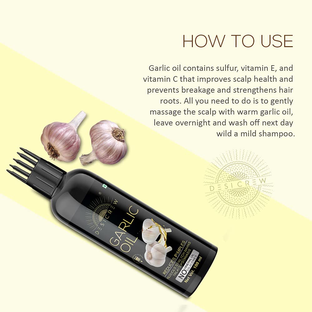 DESICREW Pure Cold Pressed Garlic Oil with Comb Applicator - Non-Sticky Hair Oil for Stronger, Thicker & Glossier Hair - Natural Moisturizer & Softener (100ml) - Perfect for Daily Hair Care & Scalp Massage at Home