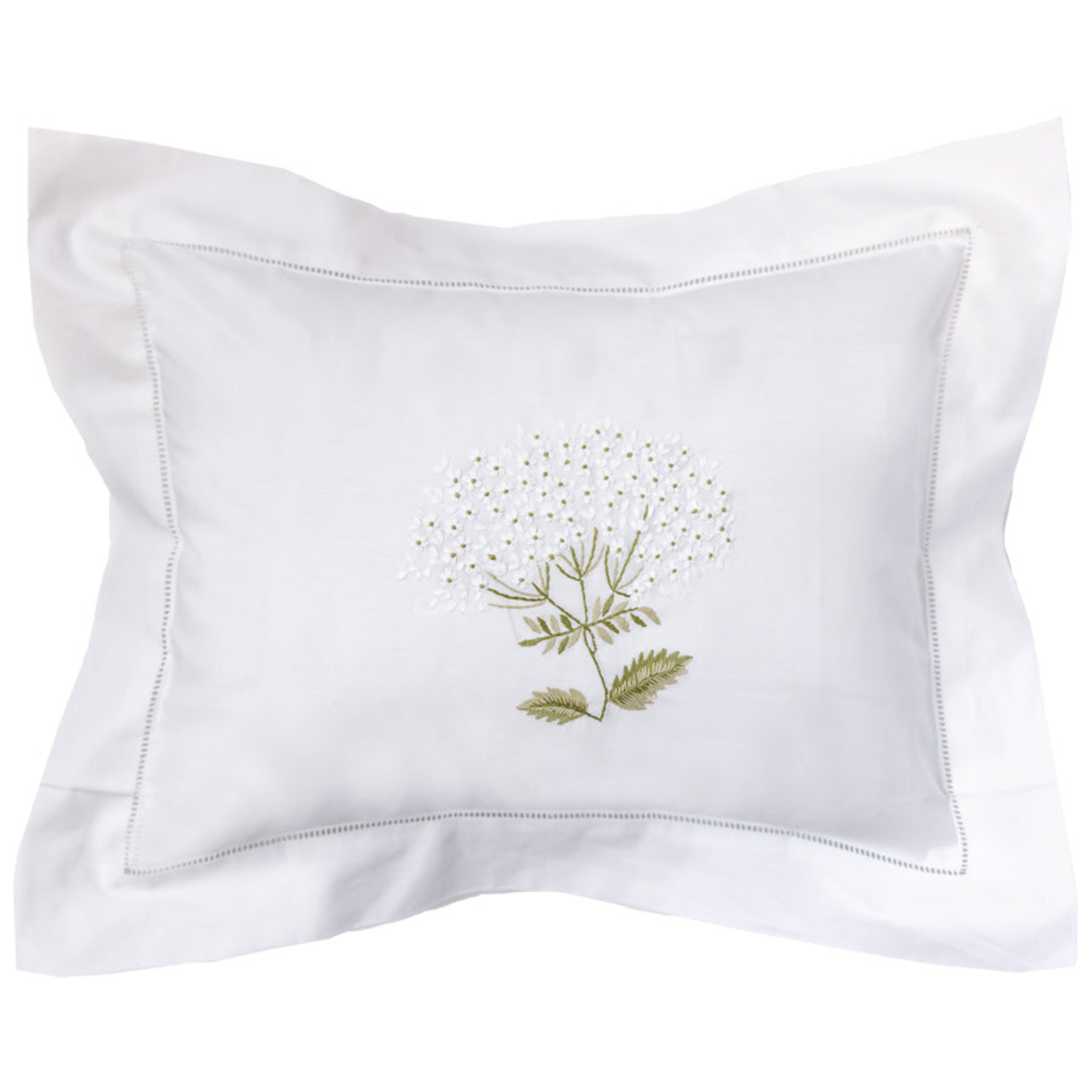 Embroidered Boudoir Pillow Cover with Hem Stitch Border - Hydrangea White Floral Design for Bedroom Decor, Living Room, Wedding Gift & Home Accent