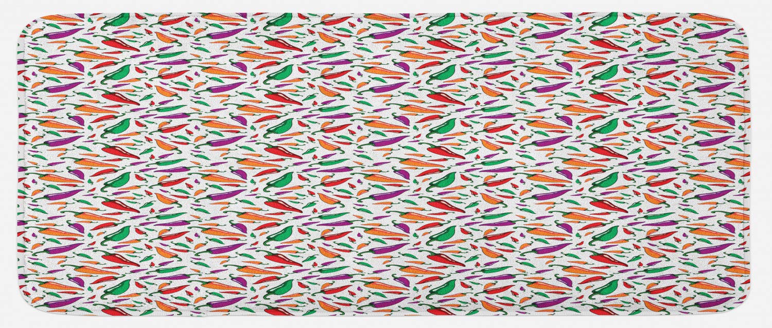 **Ambesonne Peppers Kitchen Mat - Non-Slip Plush Decorative Rug with Cartoon Chili & Vegetable Design, 47