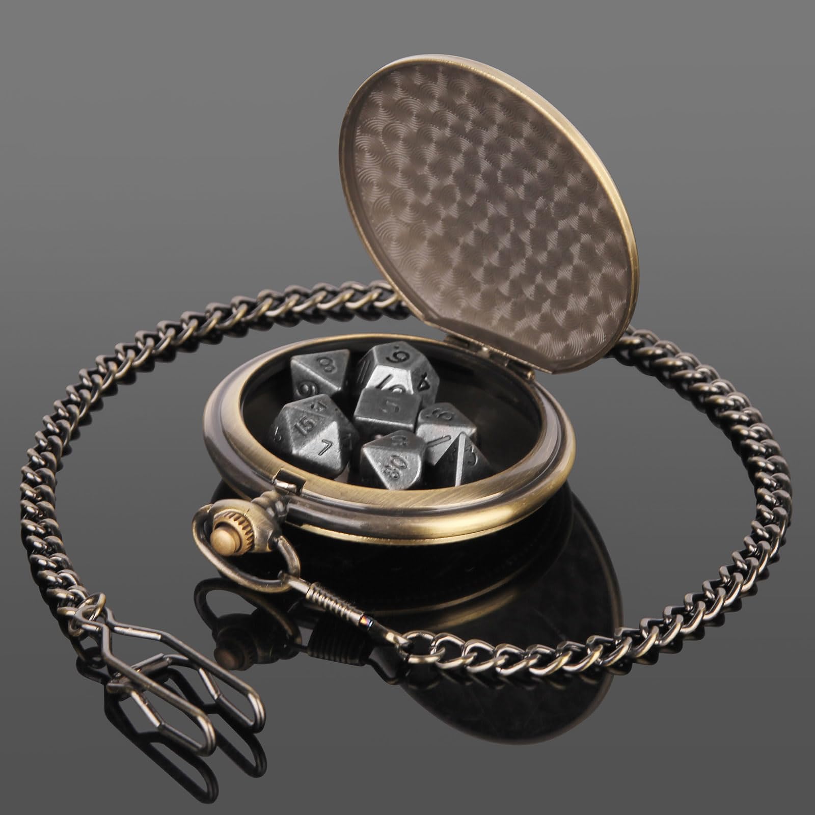10mm Tiny DND Dice Set with Vintage Pocket Watch Shell Case - Polyhedral Metal D&D Dice for Dungeons & Dragons, RPG, MTG, Tabletop Role Playing Games - Perfect for Gifts, Travel & Game Nights