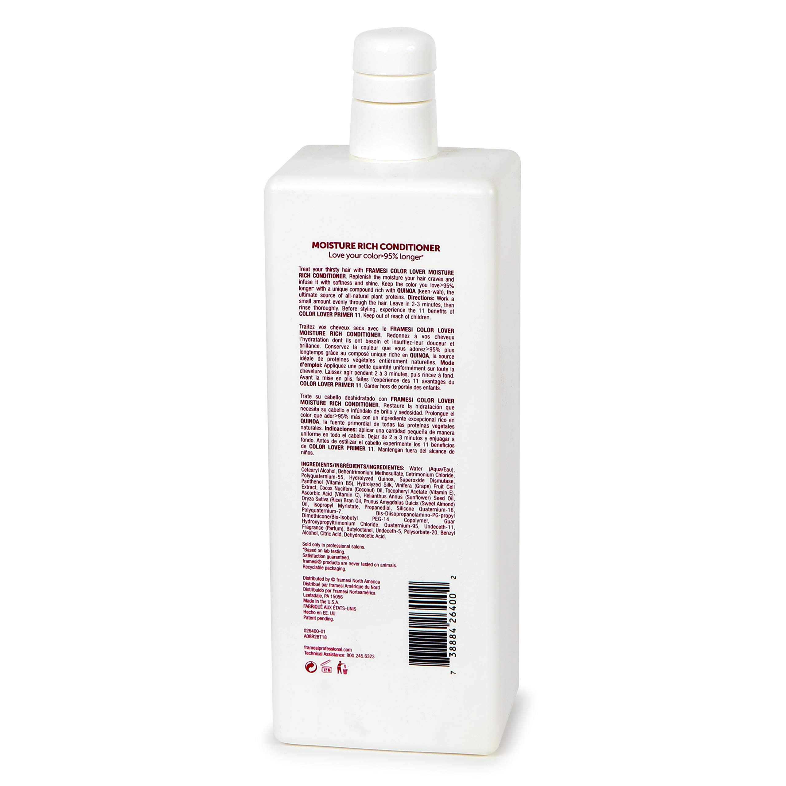 Framesi Color Lover Moisture Rich Conditioner - Sulfate Free Hair Treatment with Coconut Oil & Quinoa for Color-Treated Hair | Hydrating & Protecting Daily Hair Care for Vibrant, Healthy Locks
