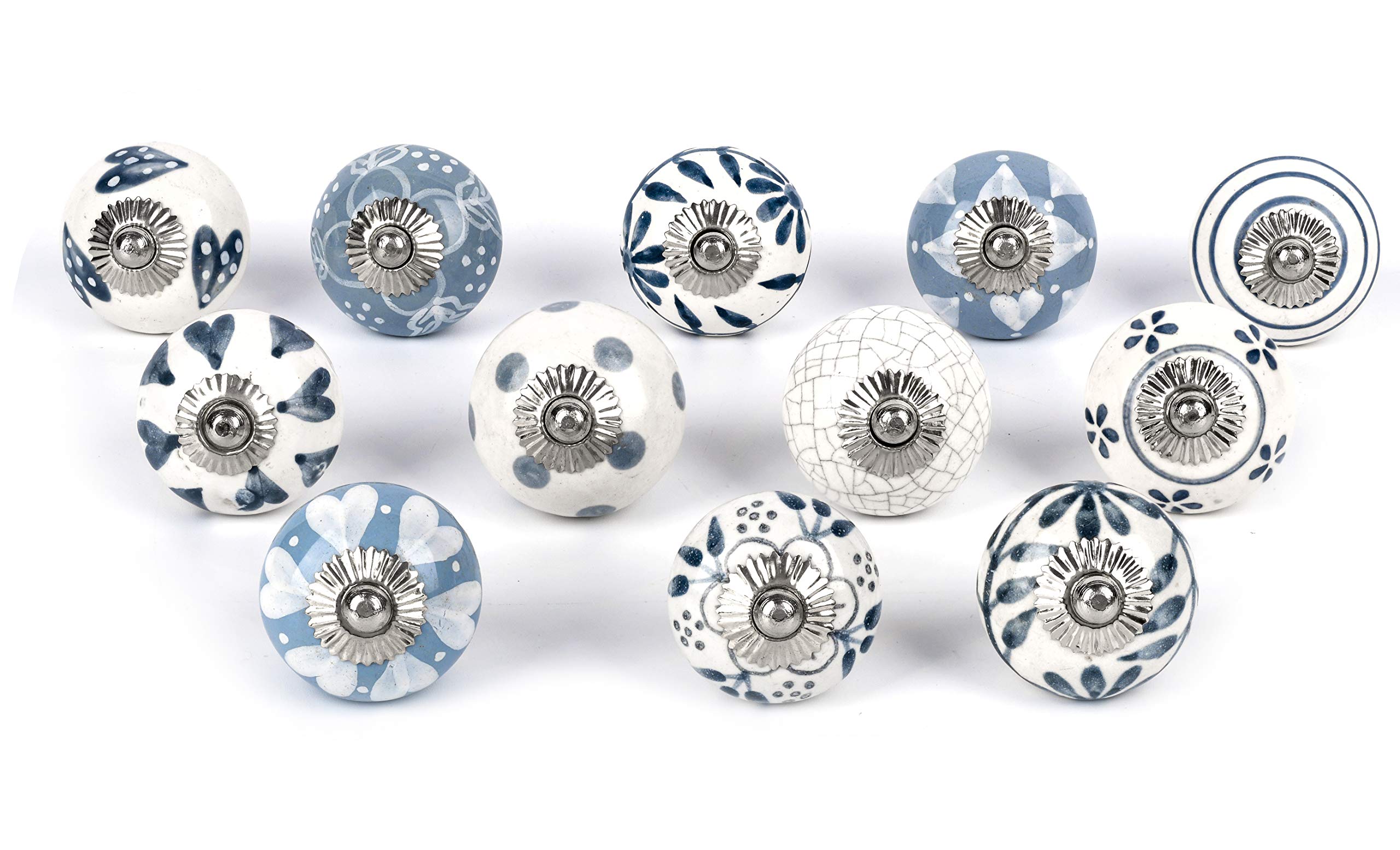 Marubhumi Handcrafted 12-Pack Mixed Design Ceramic Cabinet Knobs & Drawer Pulls - Vintage Style in White & Sky Blue - Perfect for Kitchen Cabinets, Dressers & Furniture Upgrades