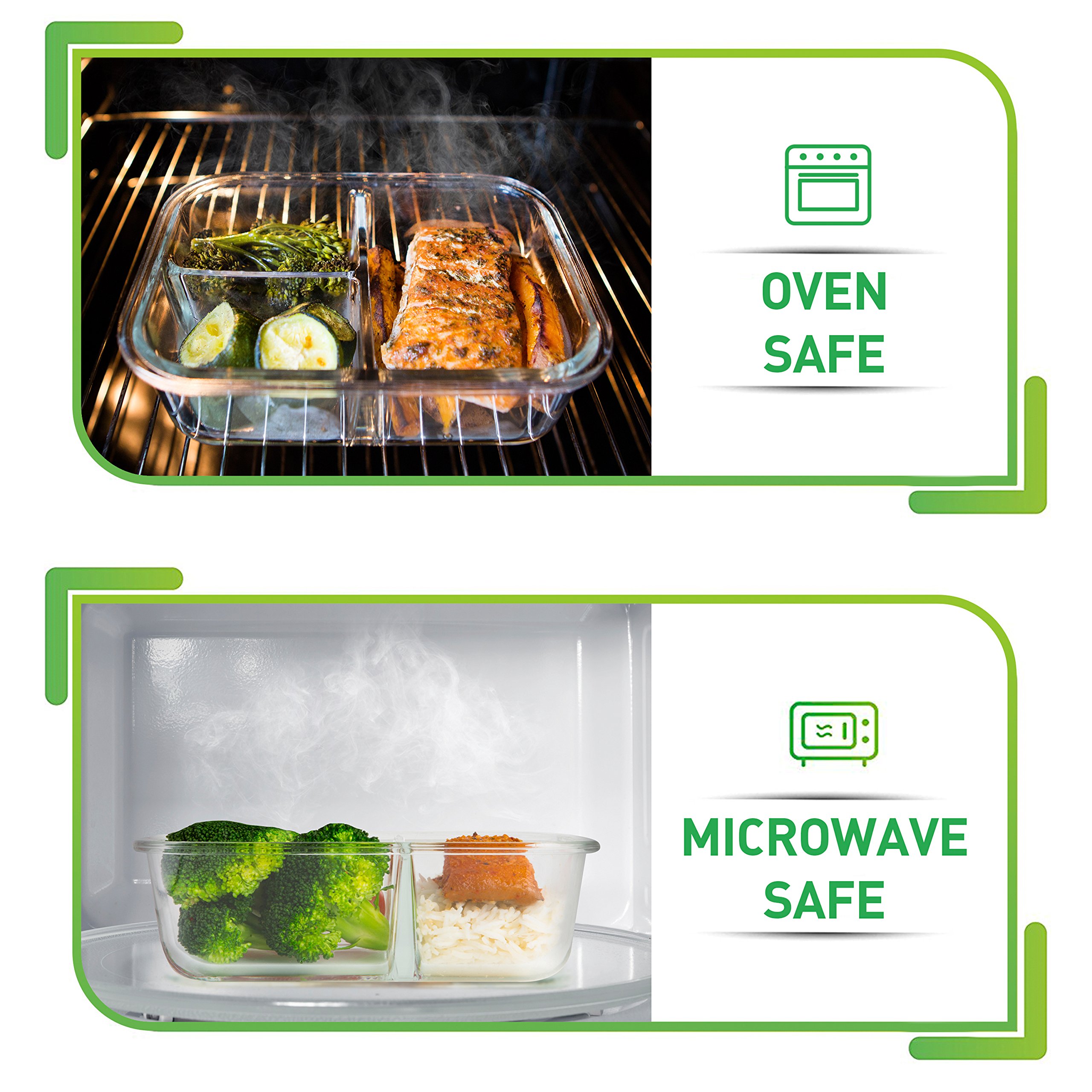 PrepNaturals 4-Pack 34oz Glass Meal Prep Containers with Lids - BPA-Free, Leak-Proof, Multi-Compartment Food Storage - Microwave, Dishwasher, Freezer & Oven Safe - Perfect for Meal Prepping, Leftovers, Lunches & Food Storage