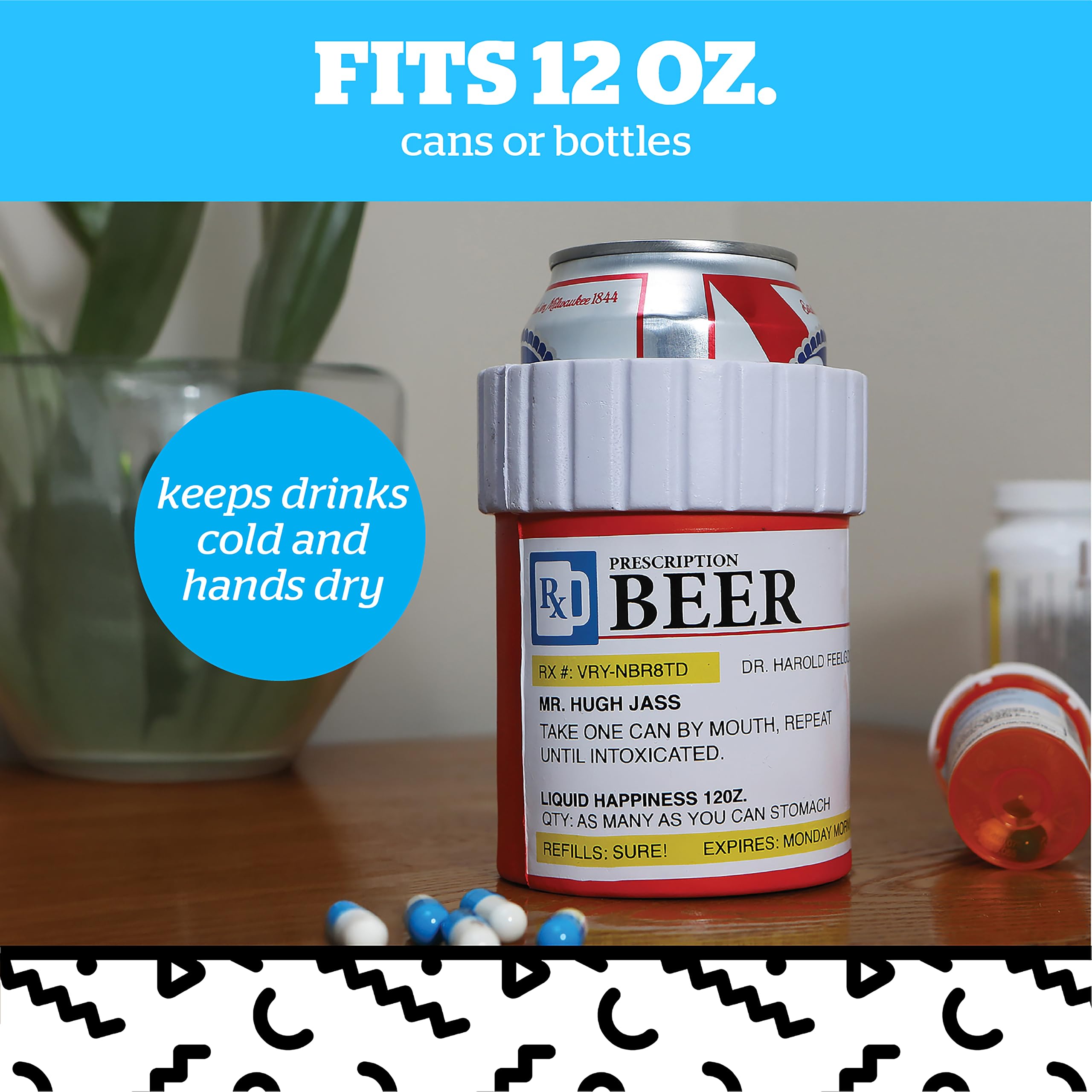 BigMouth Inc Foam Drink Kooler - Soft Sided Beer Cooler, Portable Beverage Holder for Soda Cans, Funny Can Cooler (Prescription Bill Bottle) - Perfect for Parties, Picnics, and Outdoor Gatherings