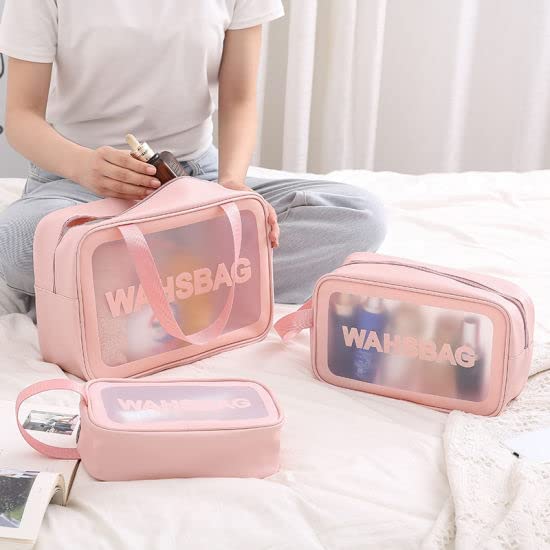SYGNIUS Waterproof PVC Cosmetic Bag - Travel Makeup Organizer for Toiletries, Brushes & Accessories | Portable Zippered Makeup Pouch for Home, Gym & Vacation (Pink) - Perfect for Daily Use, Travel Essentials & On-The-Go Touch Ups