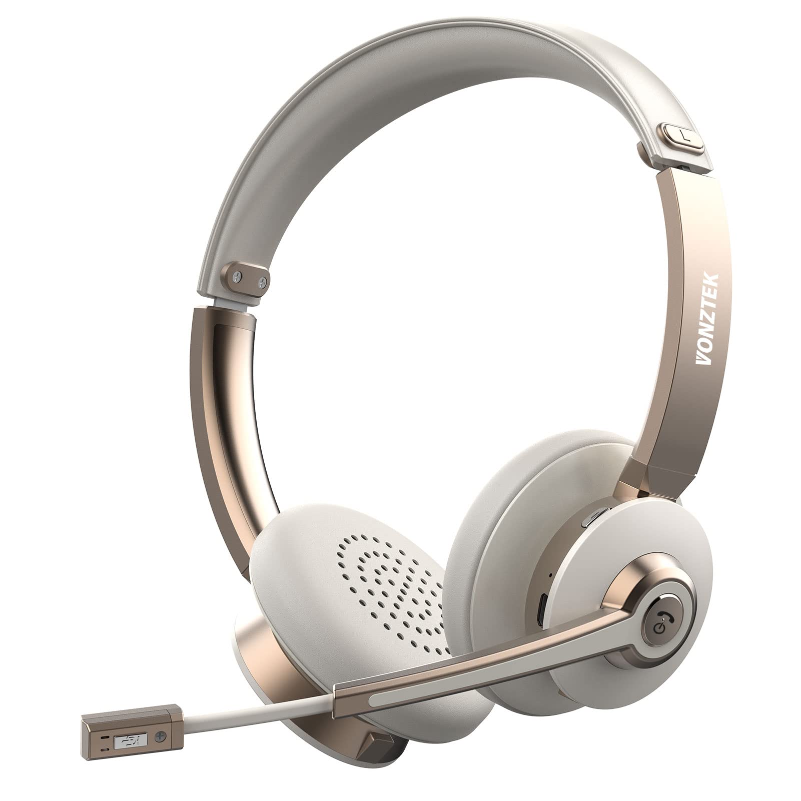 Wireless Bluetooth Headset with Noise Cancelling Microphone - 26 Hours Talk Time, On-Ear Headphones with Mic Mute Function for Mac, Laptop, Zoom, Teams - Perfect for Call Centers, Home Office, Remote Work & Online Meetings (Gold)