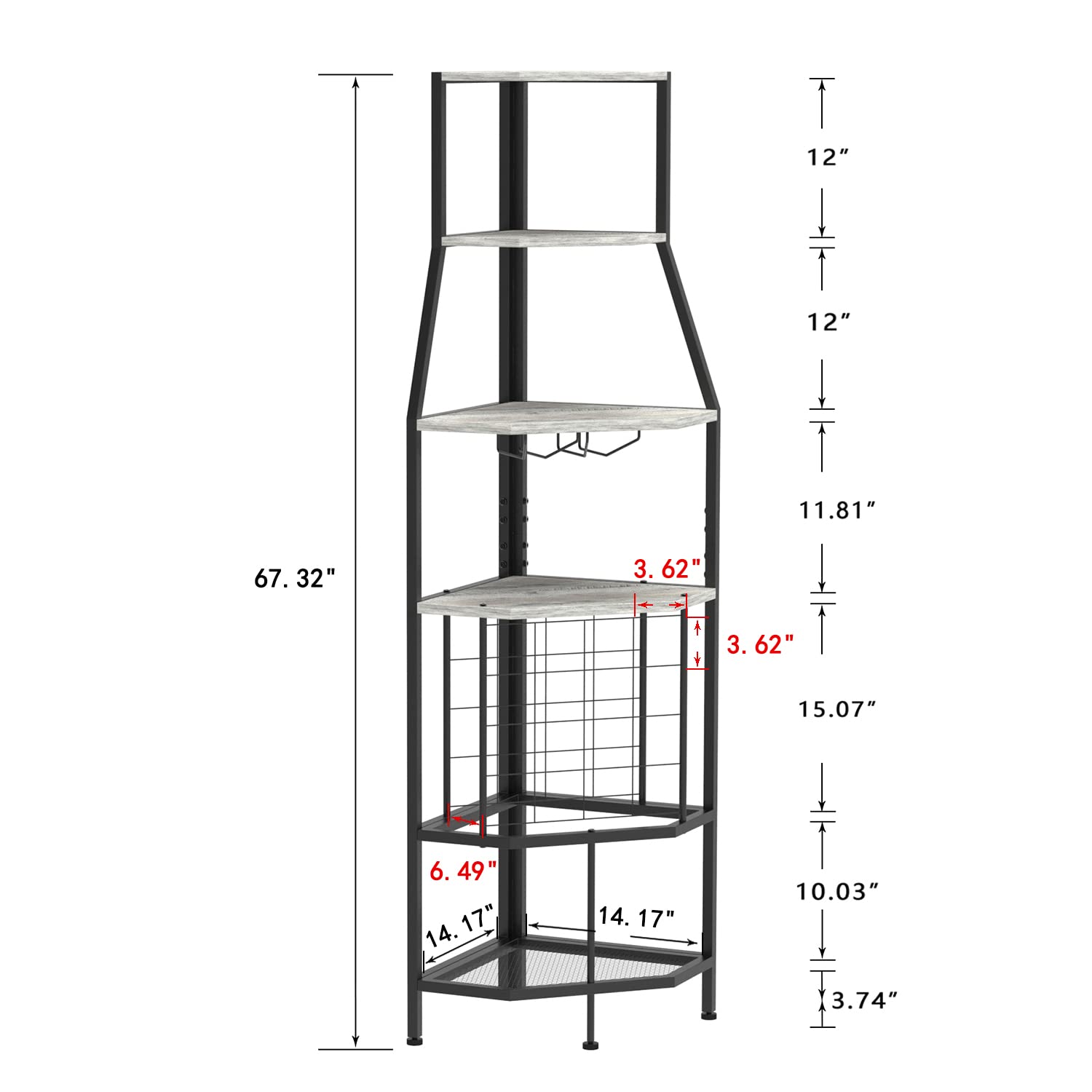 5-Tier Corner Wine Rack Floor Standing - Metal & Wood Wine Storage Shelf with Glass Holder for Kitchen, Dining Room, Home Bar | Space-Saving Corner Shelf for Wine Bottles & Stemware Organization