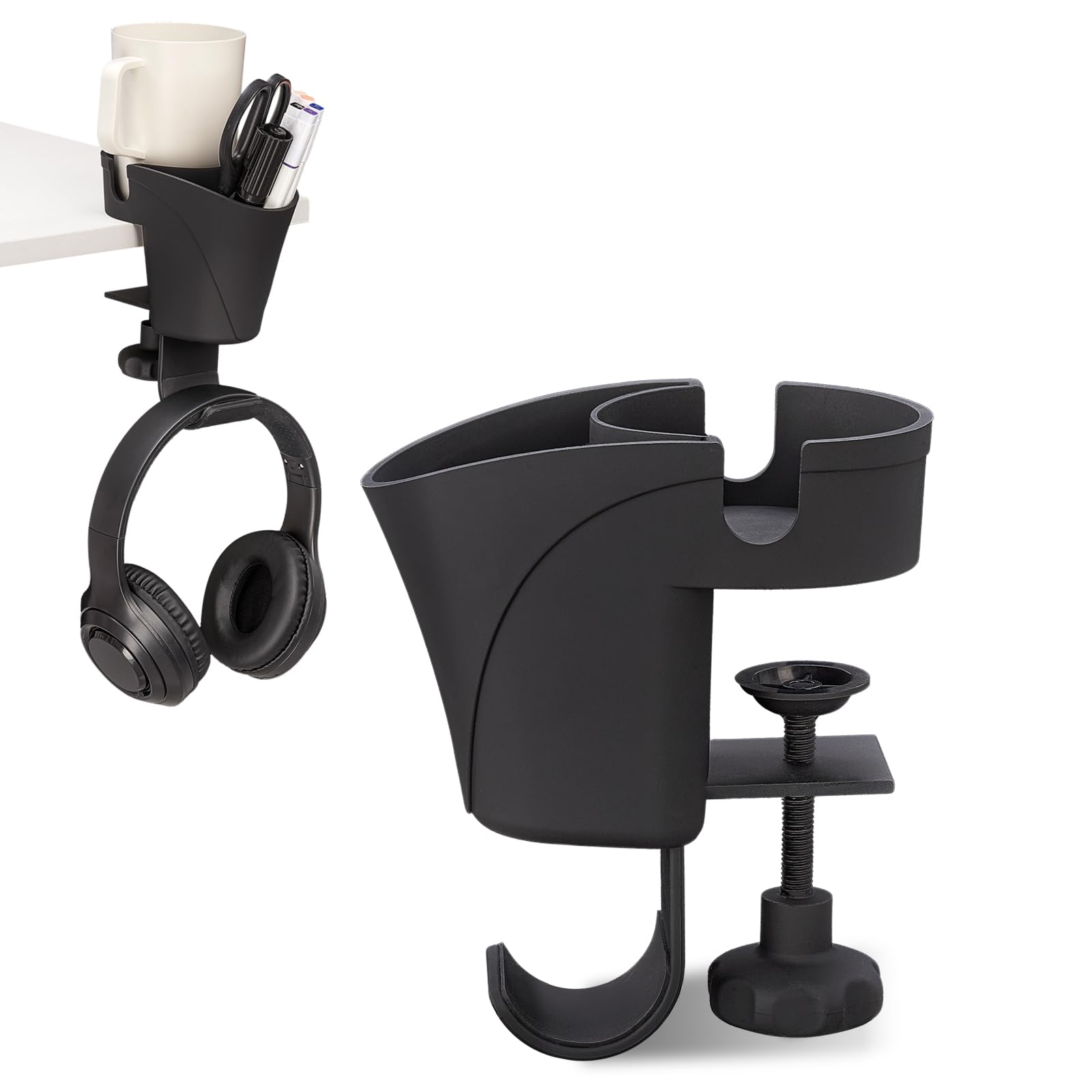 3 in 1 Clip On Cup Holder for Gaming Desk, Salon Chair & Bedside - ABS Plastic Black Organizer for Coffee, Water Bottles, Drinks, Headphones & Pens | Perfect for Gamers, Office & Home Use