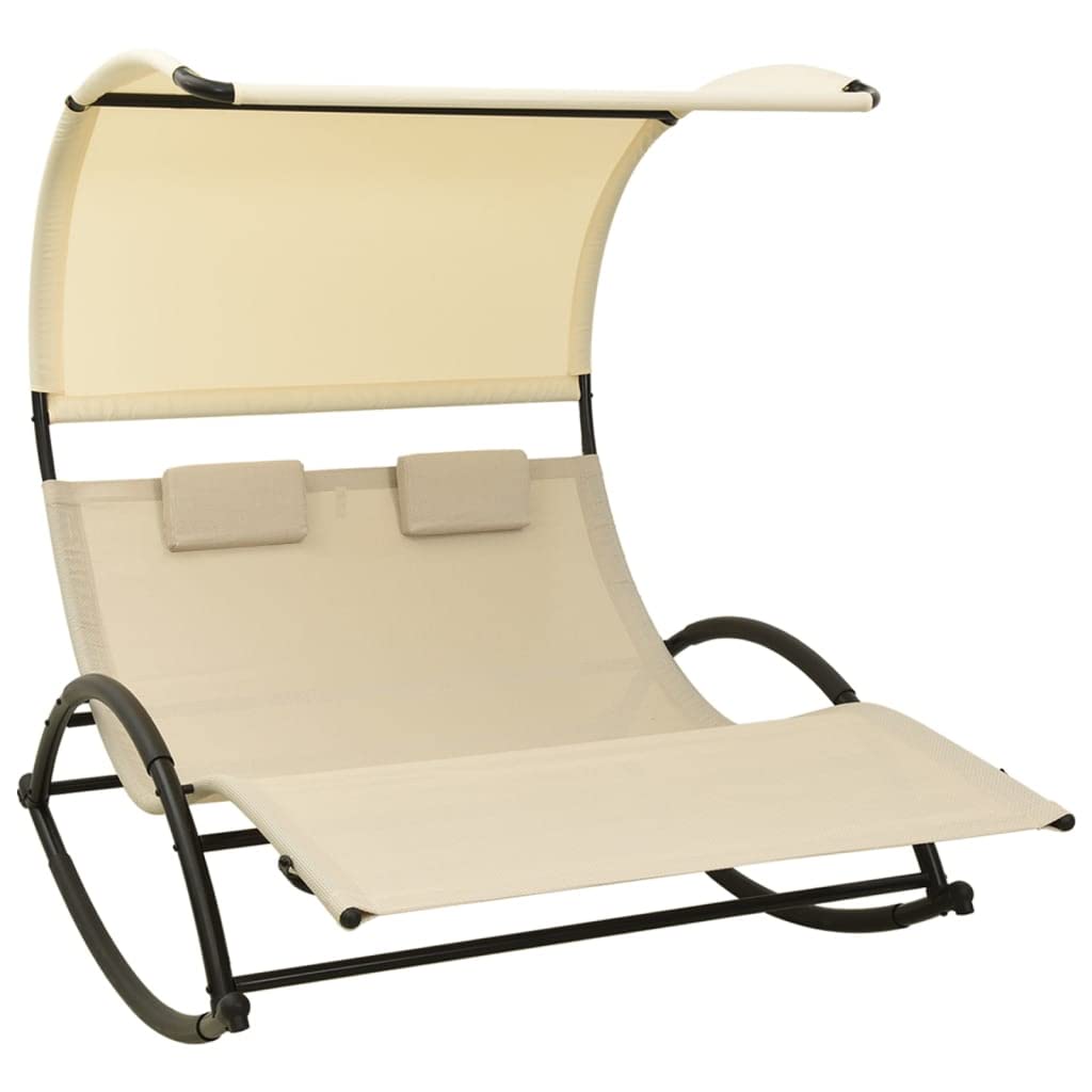 vidaXL Double Sun Lounger with Adjustable Canopy - Cream Textilene Fabric & Steel Frame - Comfortable Outdoor Patio Furniture with Pillows - Perfect for Poolside, Beach, and Backyard Relaxation
