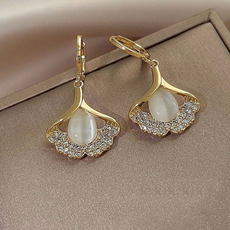 14K Gold Plated Ginkgo Leaf Huggie Earrings with Dangle Pearl Drop | Elegant Pearl Earrings for Women | Perfect for Weddings, Parties & Everyday Wear | A8078