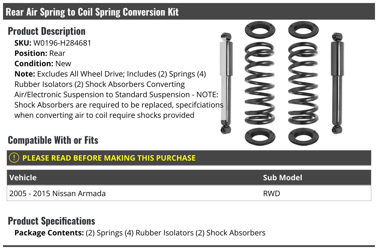 Rear Air Spring to Coil Spring Conversion Kit for 2005-2015 Nissan Armada RWD (Not for AWD) | Heavy-Duty Suspension Upgrade for Smoother Ride & Improved Towing