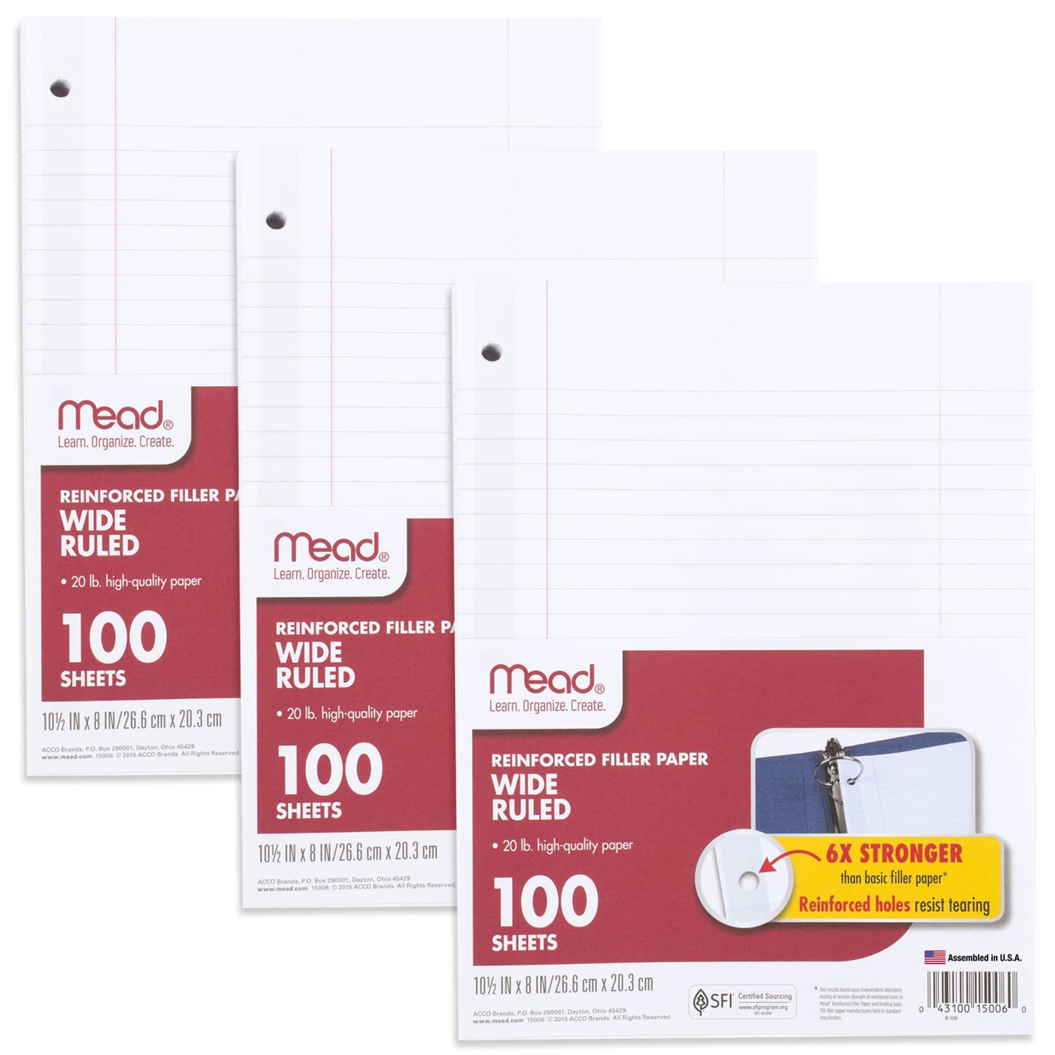 Mead Loose Leaf Paper, 3 Pack - Wide Ruled Filler Paper for Notebooks, 8 x 10.5 Inches, 100 Sheets per Pack with Reinforced Edges (38038) - Perfect for School, Office & Home Organization