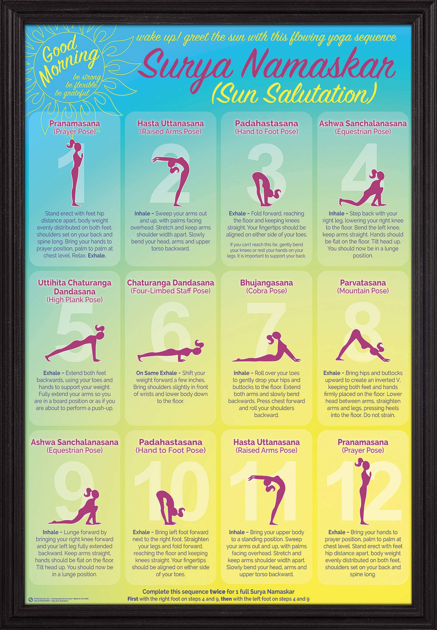 Frame USA Yoga Sun Salutation Poster - 24x36 Inches with Grande Black Frame - Perfect for Yoga Studios, Home Gyms & Meditation Spaces