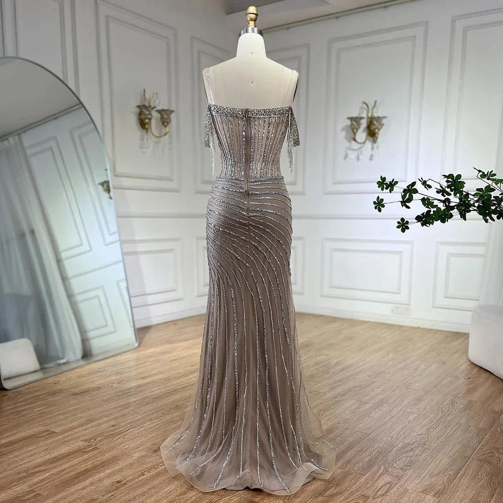 Elegant Silver Beaded Tassel Mermaid Evening Gown with Boat Neck & High Slit - Perfect for Prom, Gala & Formal Events - LA72391