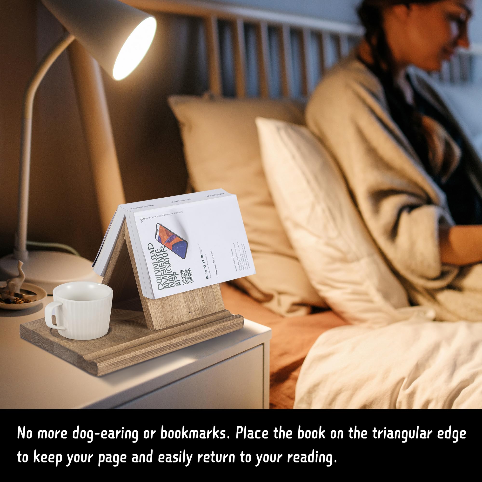 Besuerte Wooden Book Rest Stand with Coffee Cup Tray - No Assembly Needed Book Holder for Reading in Bed, Office & Living Room - Perfect Gift for Book Lovers (Light Brown)