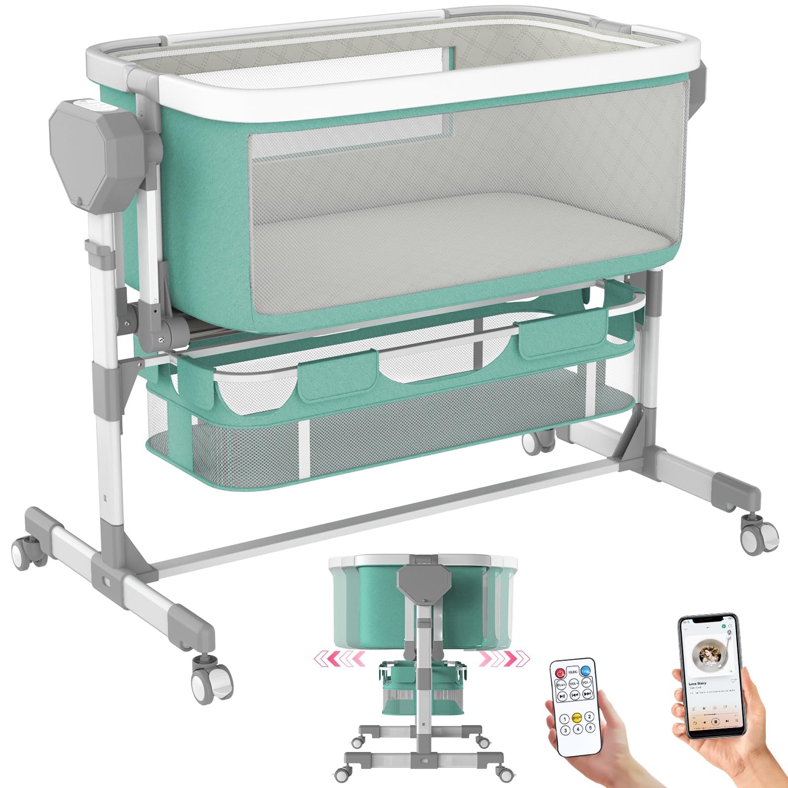 Electric Rocking Bassinet for Babies - Bluetooth Enabled Auto Swing Baby Crib with 6 Height Adjustments & 5 Speed Settings, Portable Wheels for Nursery & Bedside Sleeping - Perfect for Newborns & Infants (Ideal for Nighttime Soothing & Daytime Napping)