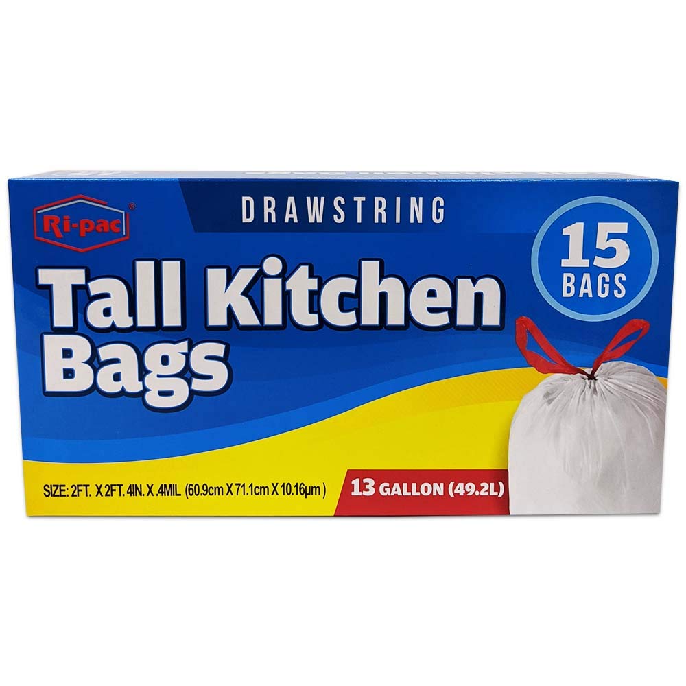 Ri-pac 13 Gallon Tall Kitchen Trash Bags with Drawstring - 15 Count Heavy Duty Garbage Bags for Home, Office & Outdoor Use