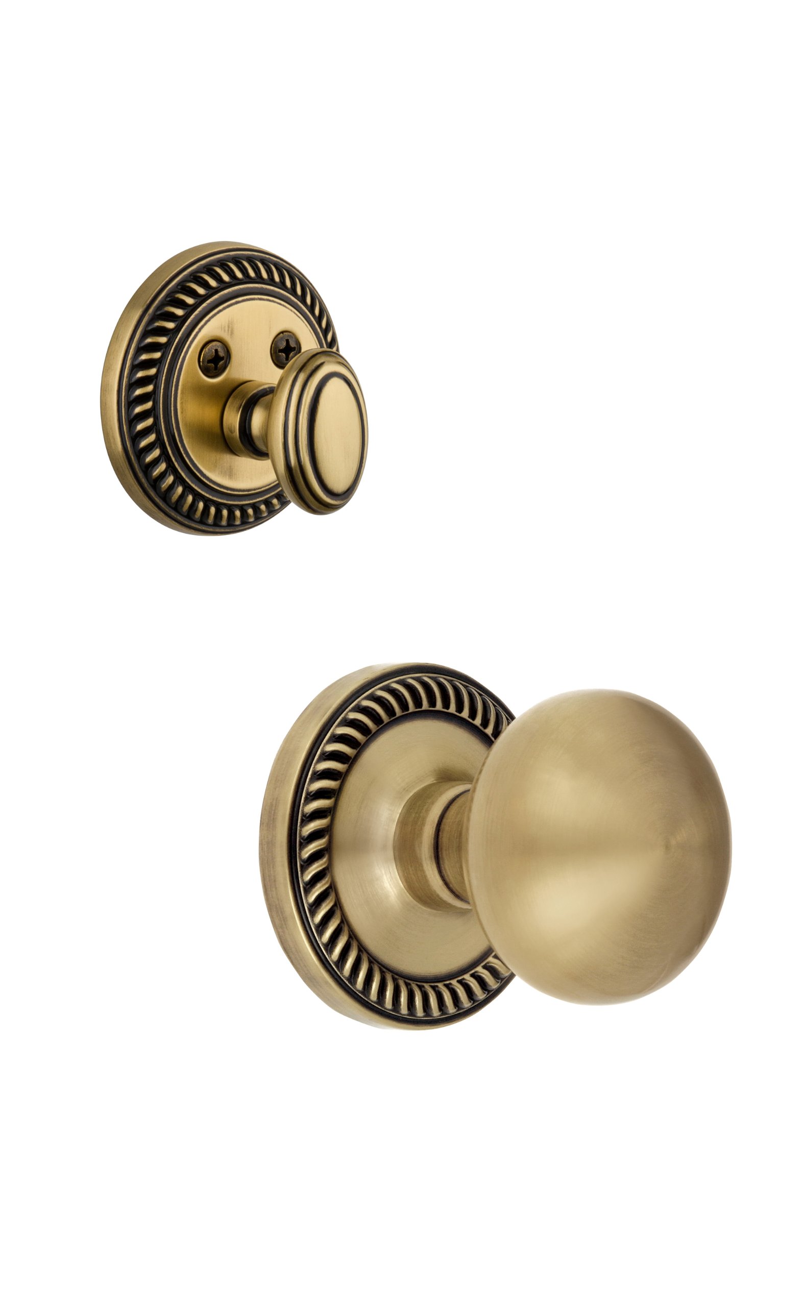 Grandeur Newport Rosette with Fifth Avenue Knob & Matching Deadbolt - Complete Single Cylinder Combo Pack Set in Vintage Brass - Perfect for Front Doors, Bedrooms & Home Security Upgrades