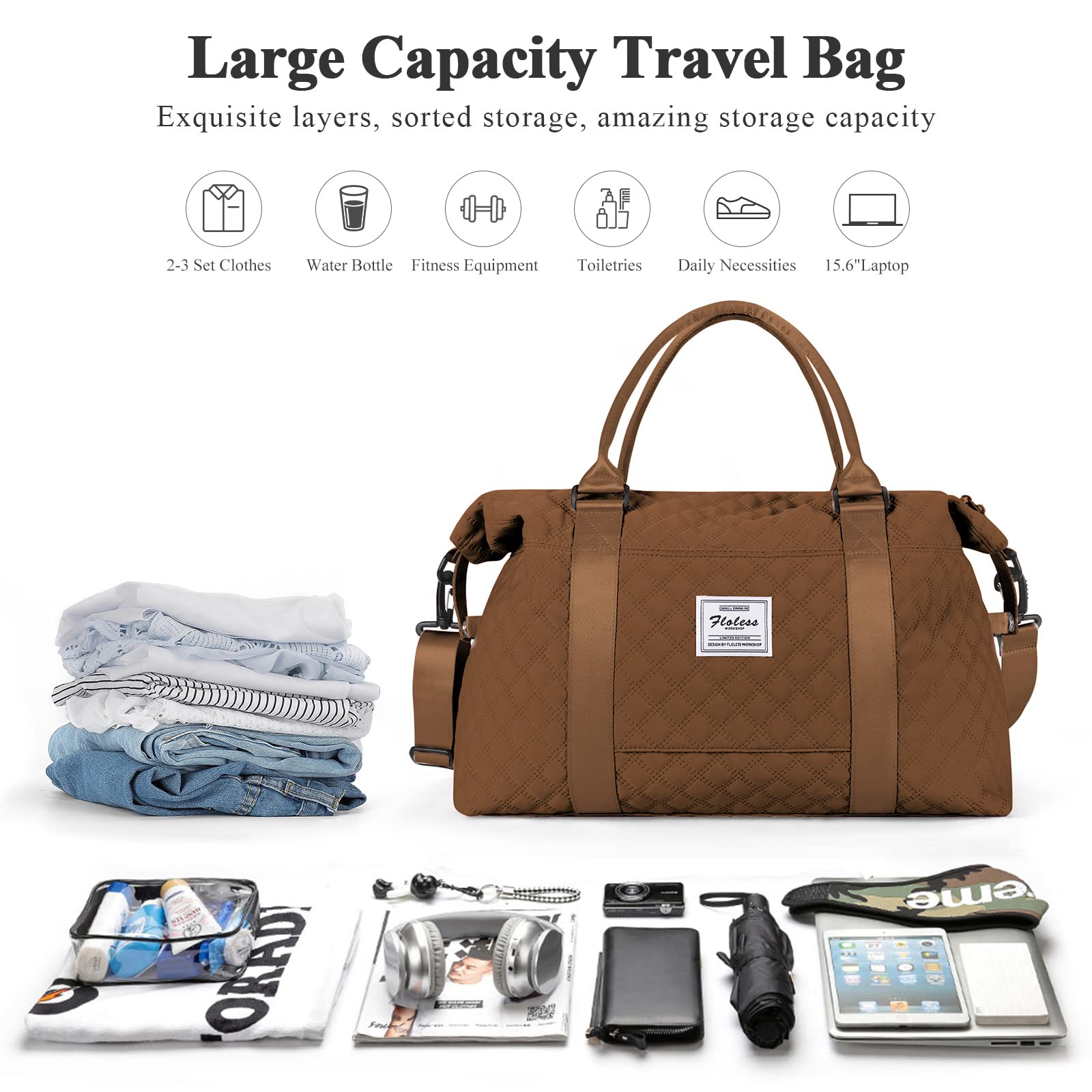 Best Women's Travel Duffel Bag - Carry On Weekender Overnight Bag in Sugar Brown | Perfect for Gym, Weekend Getaways & Business Trips | Lightweight & Durable Personal Item Bag