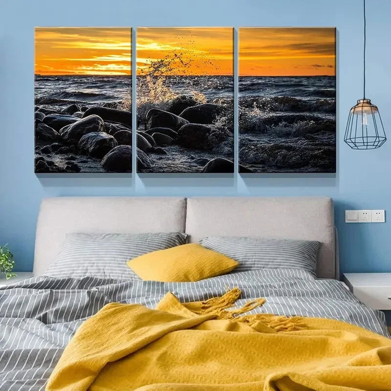 3-Piece Sunset Sea and Stones Metal Wall Art - Ready to Hang Coastal Decor for Living Room, Bedroom & Office