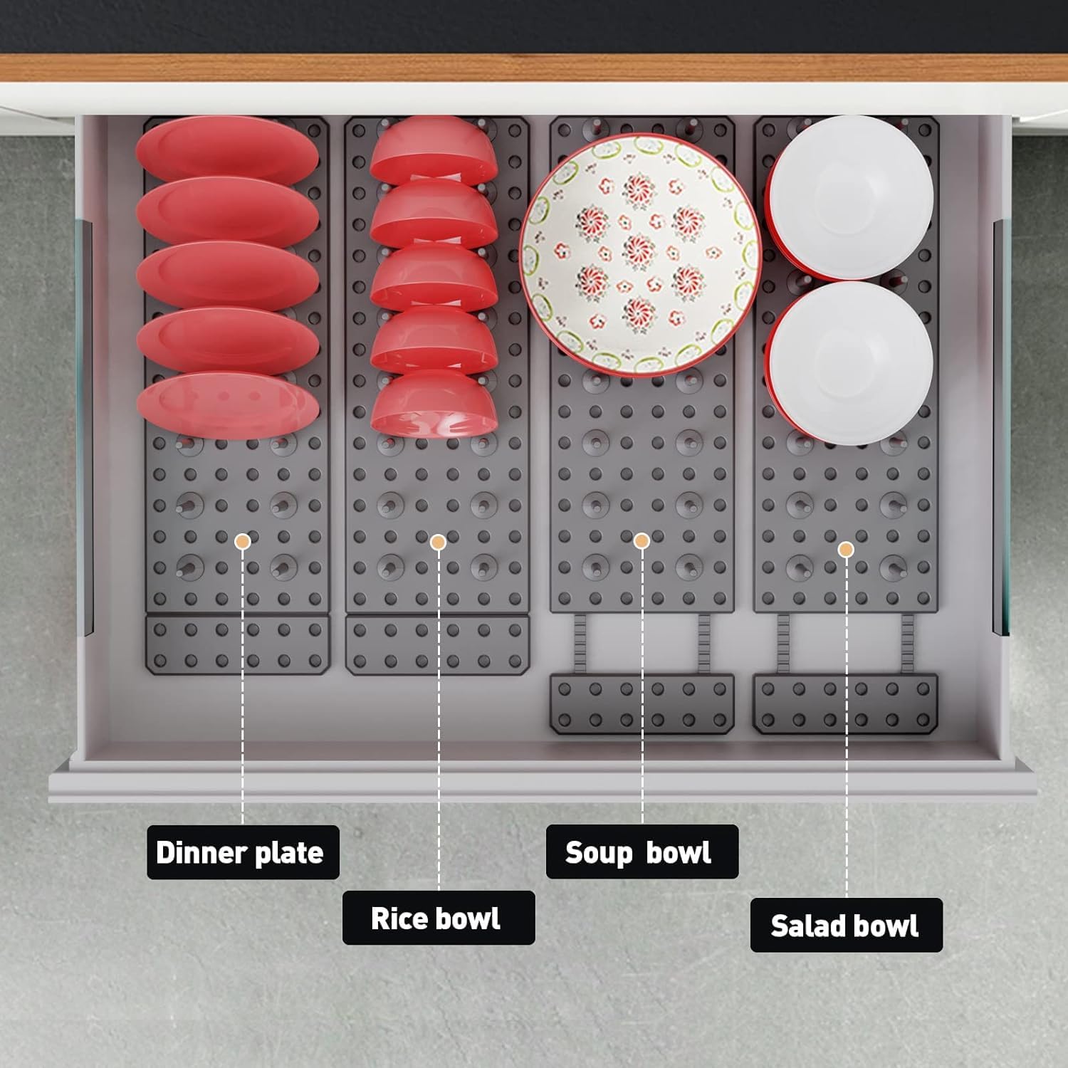 Adjustable Kitchen Cabinet Organizer - Expandable Plate & Bowl Holder, Dish Drying Rack, Pegboard Tray (15x10cm, Grey) - Perfect for Pantry, Cupboard & Countertop Storage