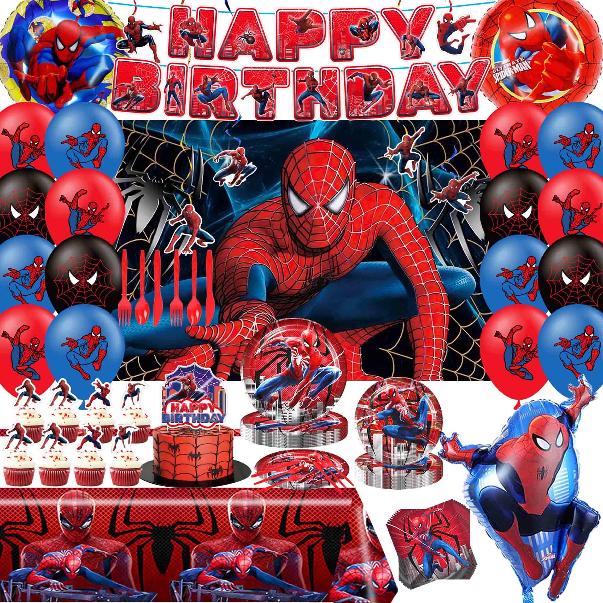 Spider Themed Birthday Party Decorations Kit - Includes Tablecloth, Paper Plates, Banner, Balloons, Backdrop, Hanging Swirls & Cupcake Toppers for 10 Guests | Perfect for Halloween, Kids Birthday Parties & Spooky Themed Events