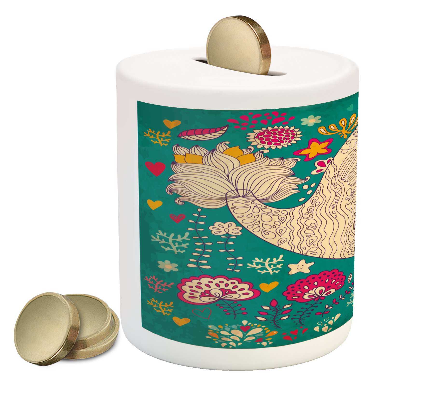 Ambesonne Ceramic Whale Piggy Bank with Floral Tulip Design - Ocean Creature Coin Bank for Cash Saving, Money Box Gift for Kids & Adults - Perfect for Birthday, Baby Shower & Home Decor