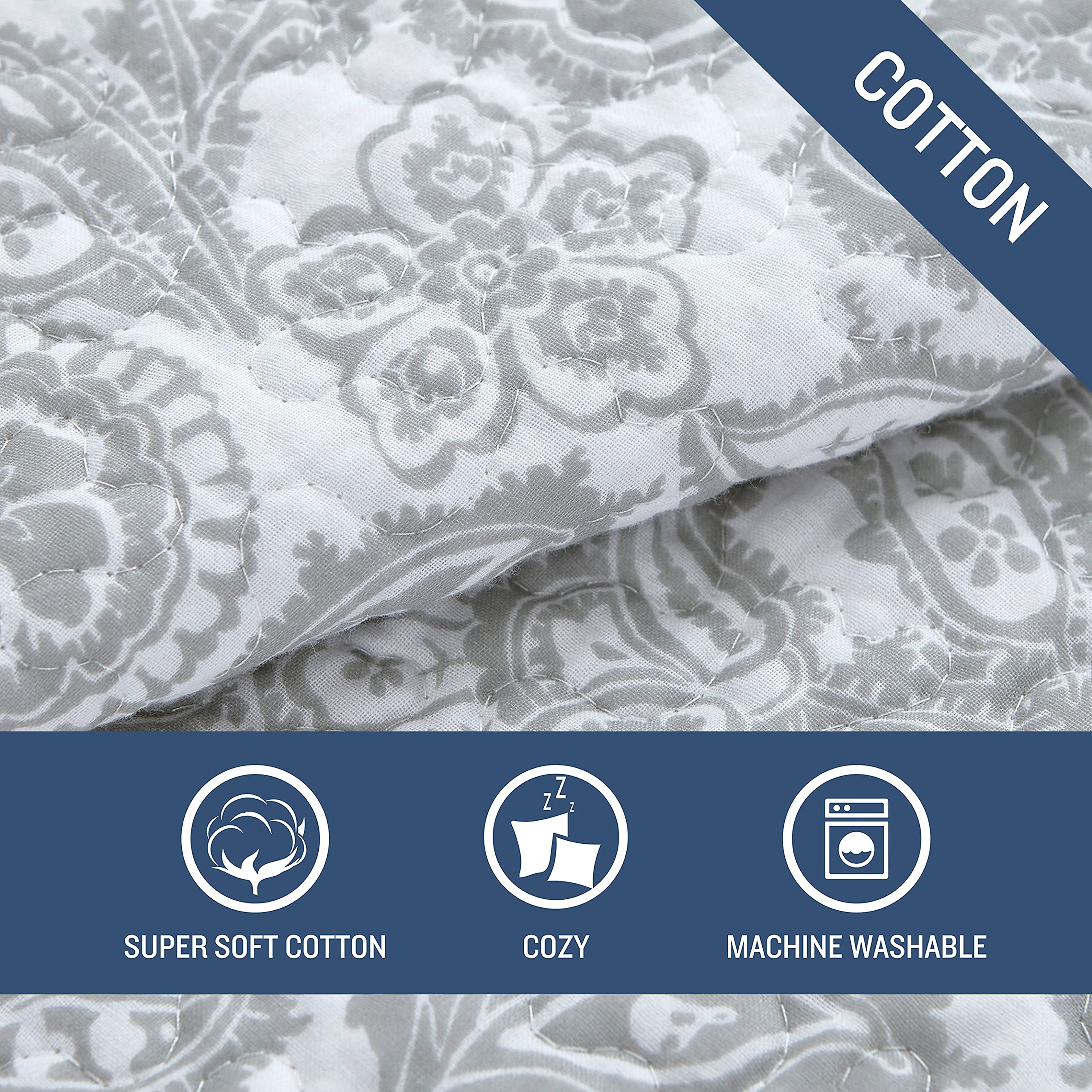 Reversible Cotton Quilt Set with Matching Sham - Lightweight All-Season Bedding for Twin Beds - Island Memory Grey - Perfect for Guest Rooms, Dorms & Cozy Bedroom Decor