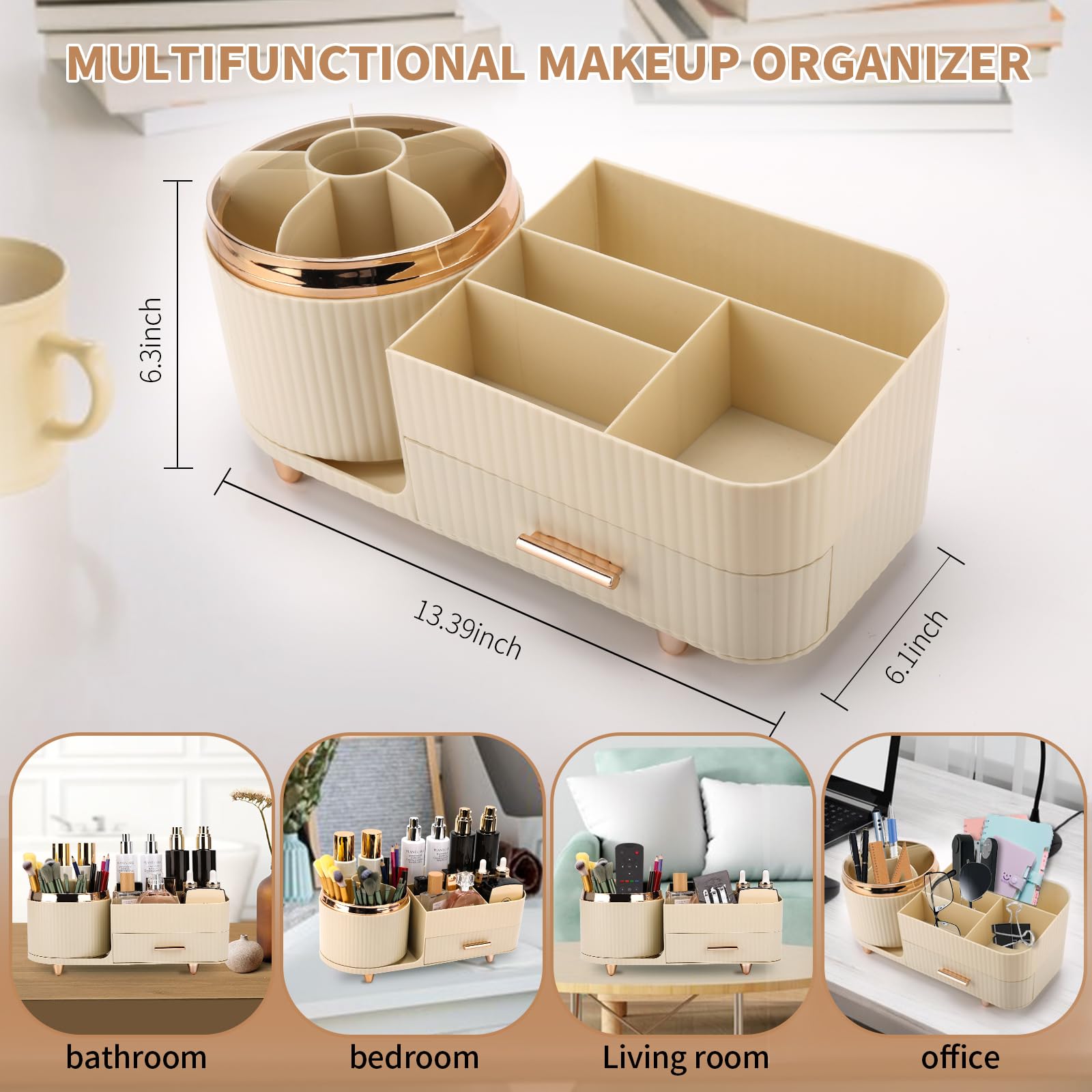 Beborxue 360° Rotating Makeup Organizer with Drawers - Large Capacity Cosmetic Display Case & Skincare Organizer for Lipstick, Brushes, Eyeshadow | Perfect for Vanity, Bathroom & Dressing Table Organization (Rice White)